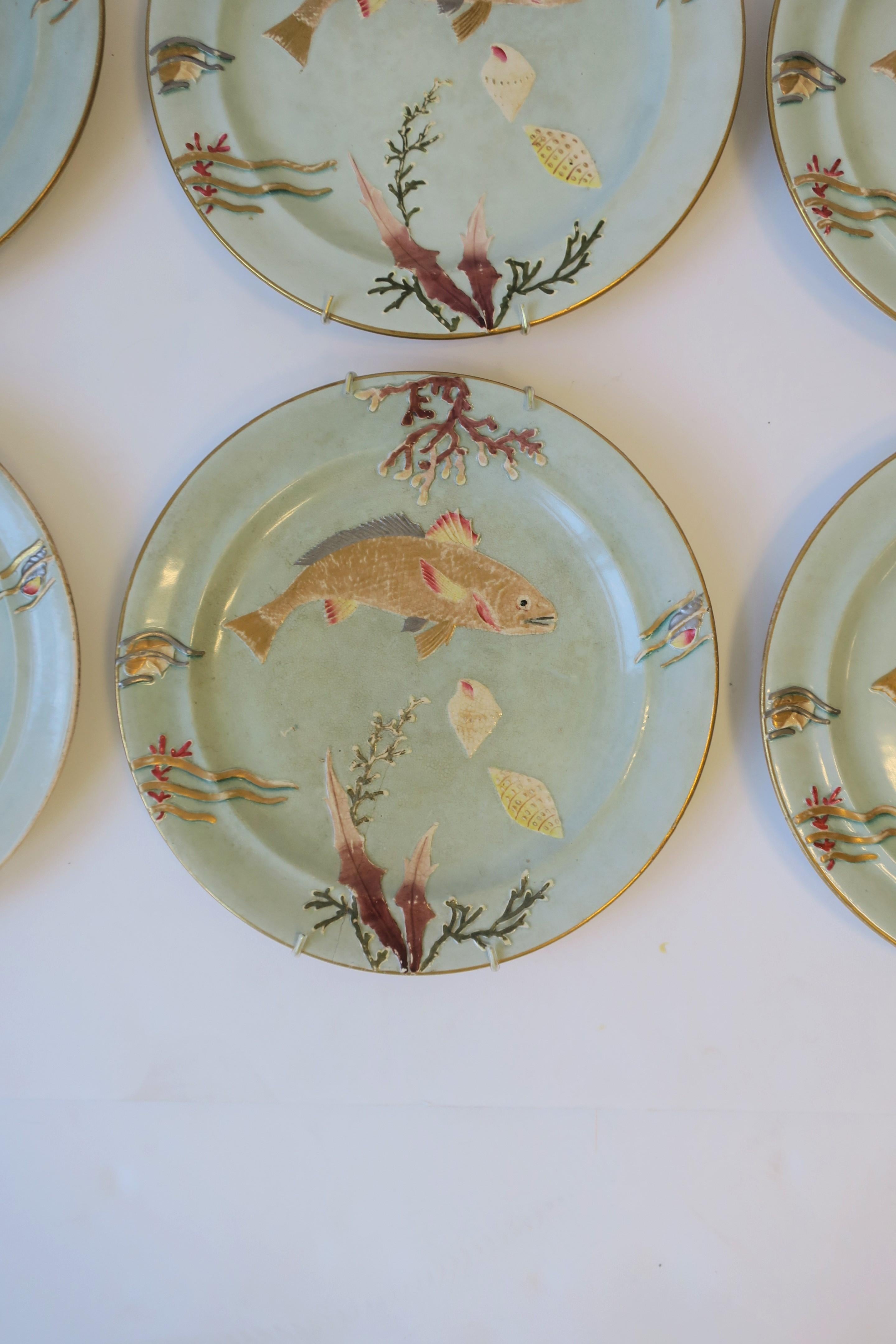 Antique Dinner Plates with Gold Fish and Coral Sea Shell Raised Relief Design 4