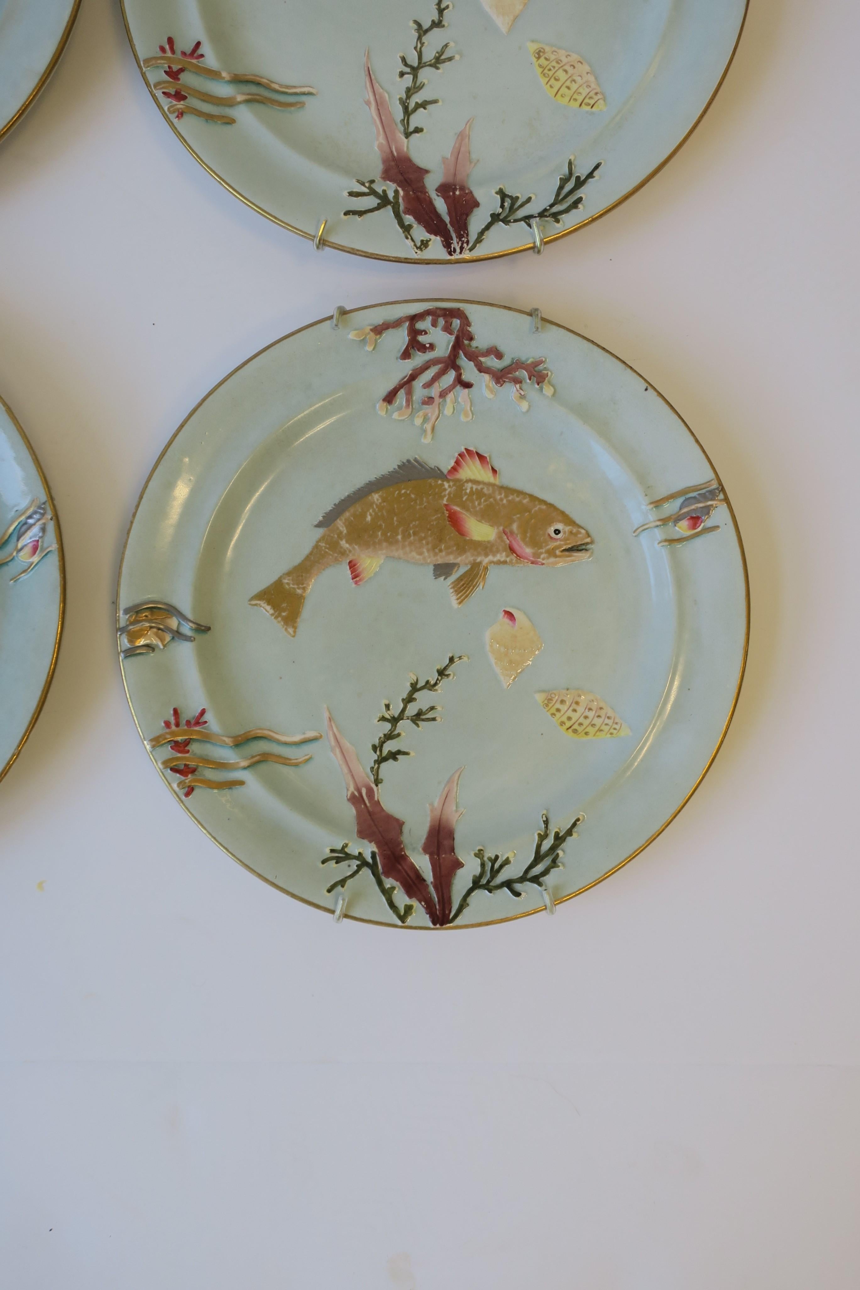 Antique Dinner Plates with Gold Fish and Coral Sea Shell Raised Relief Design 5