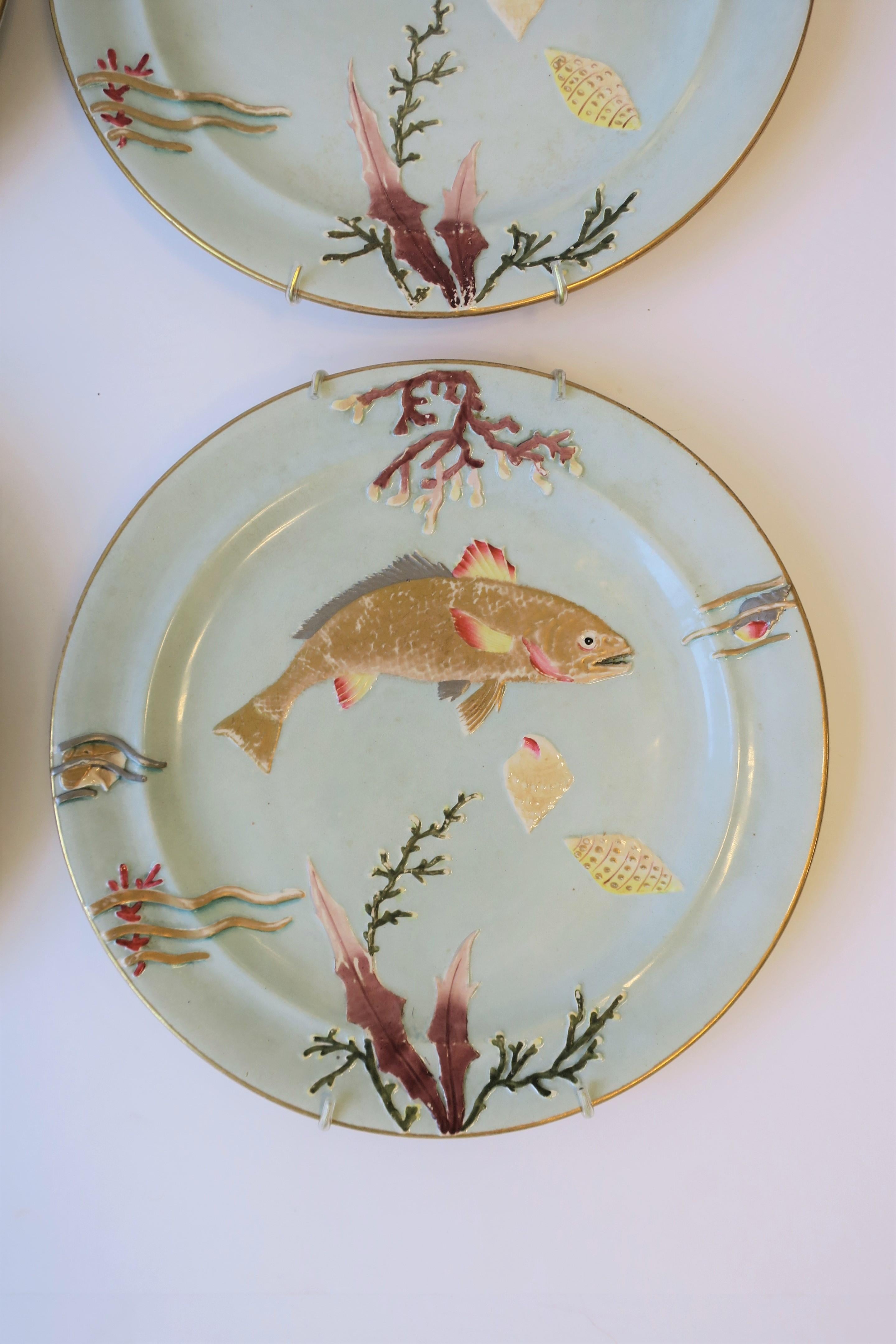 Antique Dinner Plates with Gold Fish and Coral Sea Shell Raised Relief Design 6