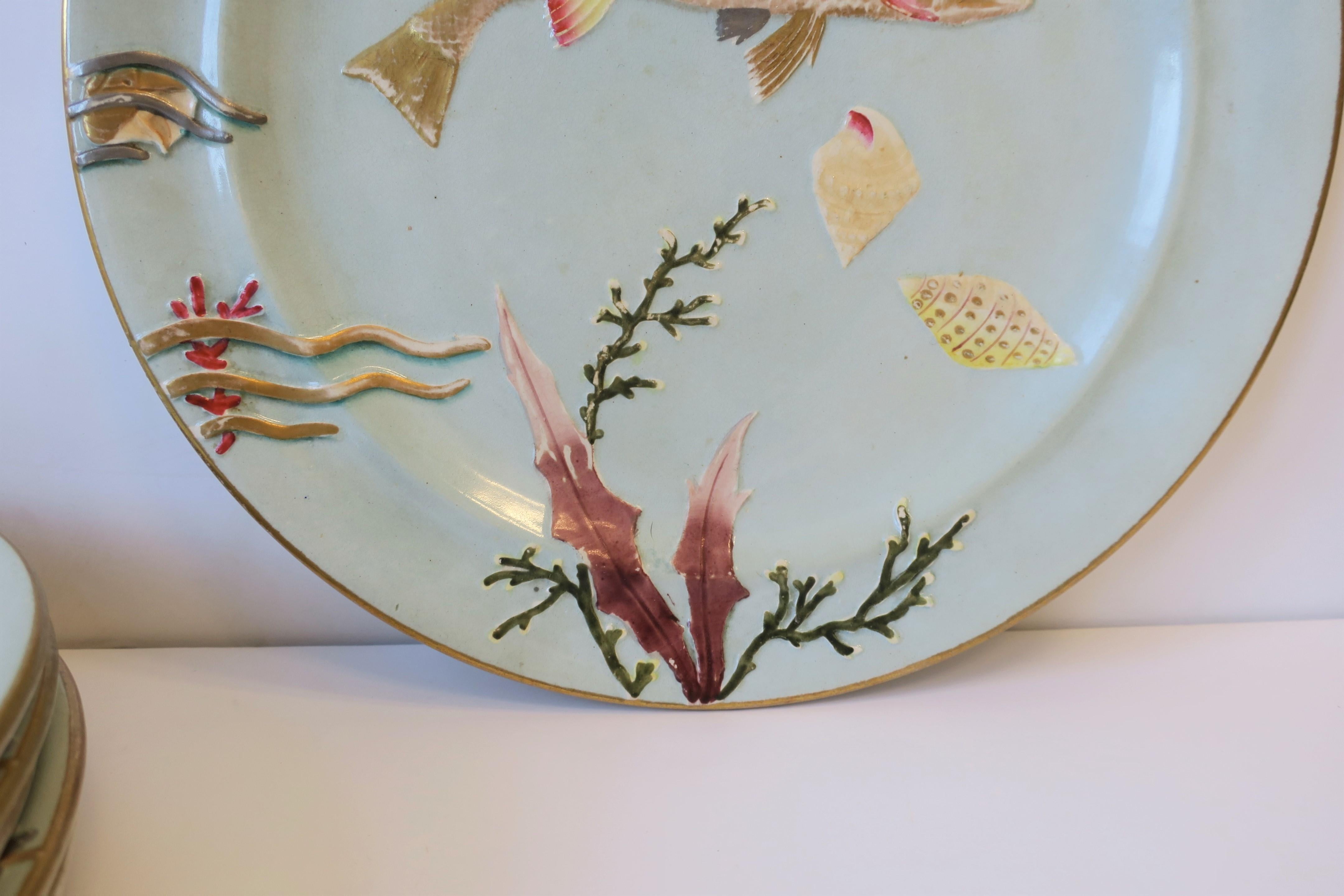 Antique Dinner Plates with Gold Fish and Coral Sea Shell Raised Relief Design 9