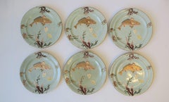 Antique Dinner Plates with Gold Fish and Coral Sea Shell Raised Relief Design