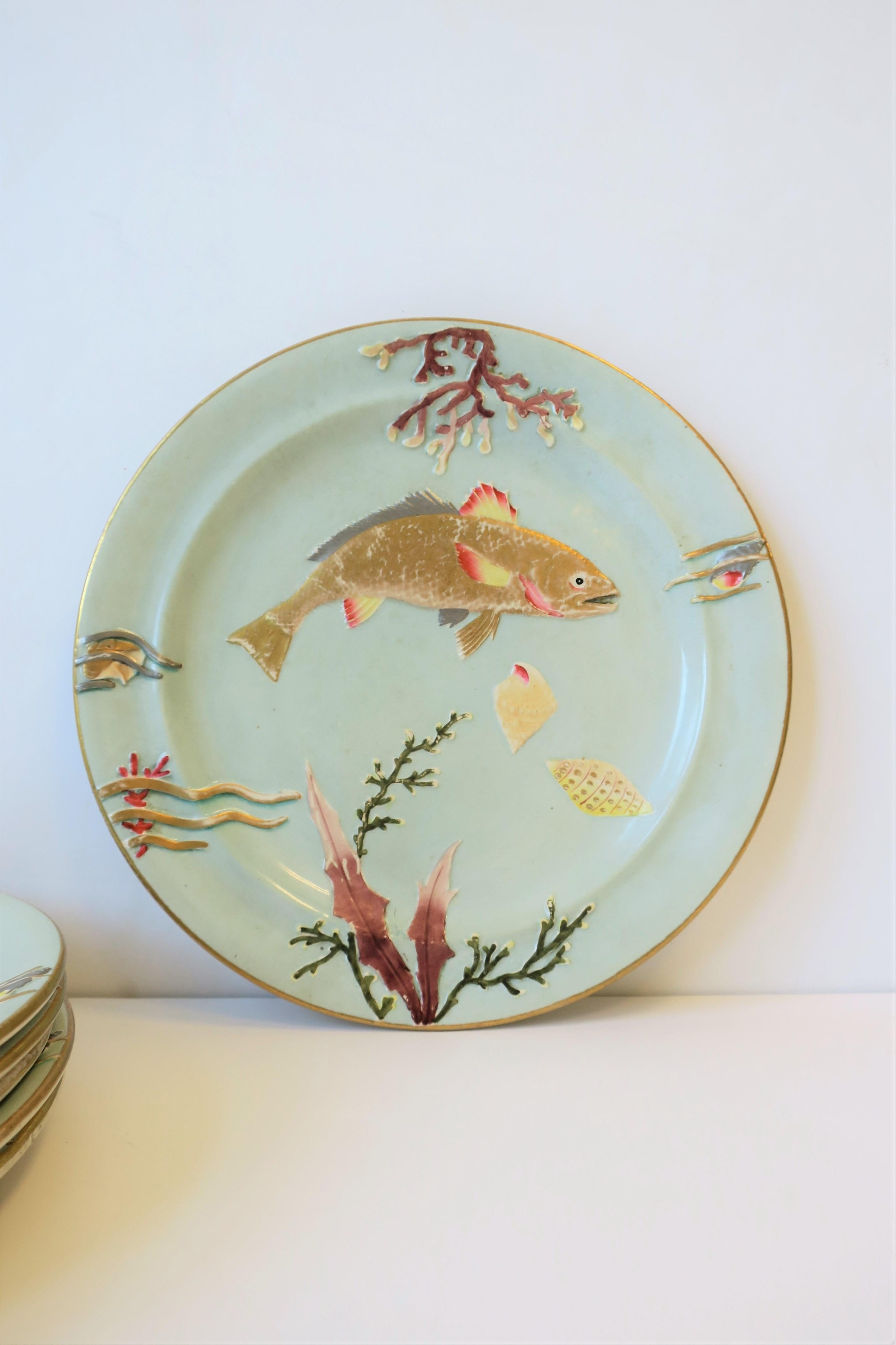 20th Century Antique Dinner Plates with Gold Fish and Coral Sea Shell Raised Relief Design