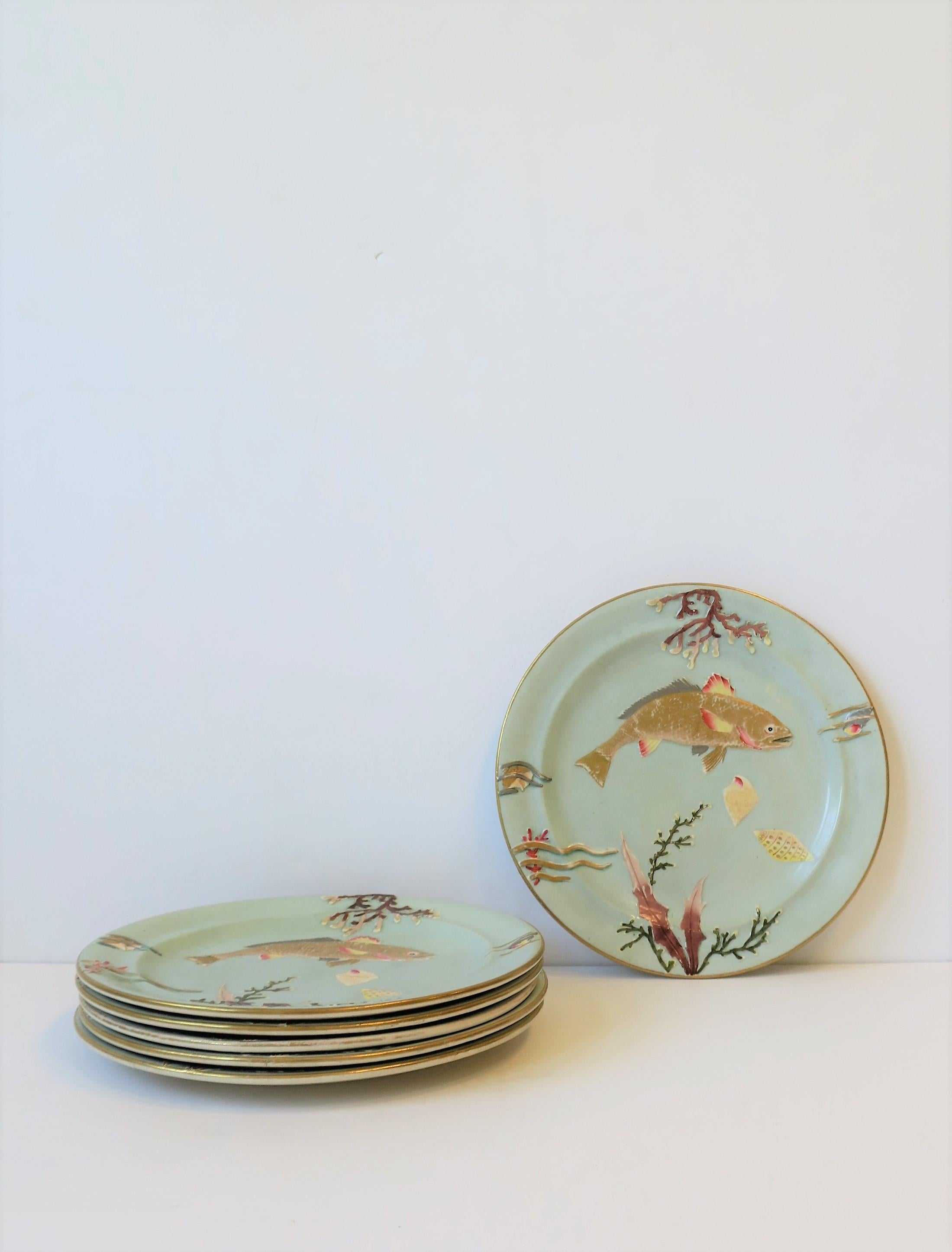 Antique Dinner Plates with Gold Fish and Coral Sea Shell Raised Relief Design In Good Condition In New York, NY
