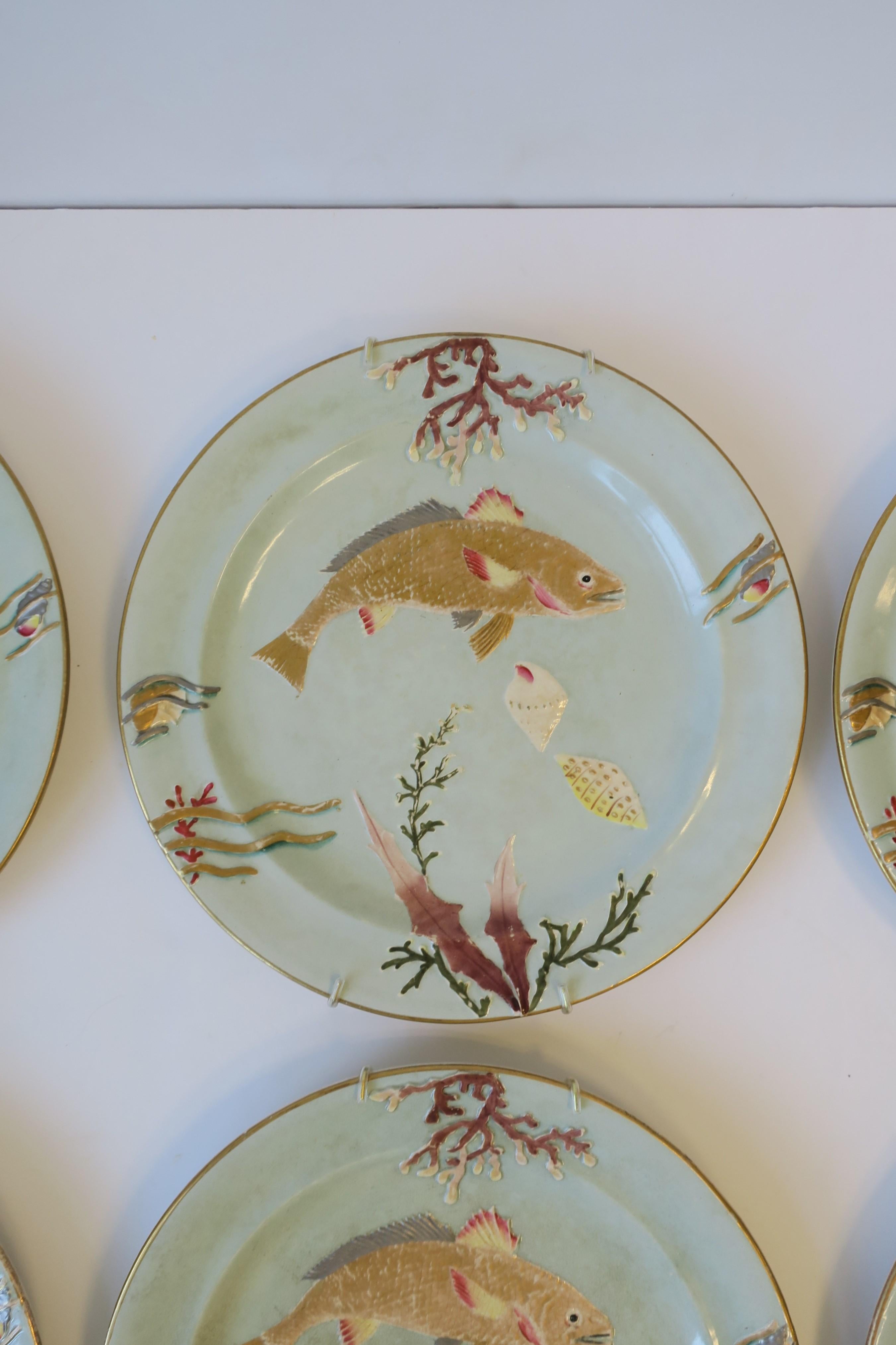 Antique Dinner Plates with Gold Fish and Coral Sea Shell Raised Relief Design 1