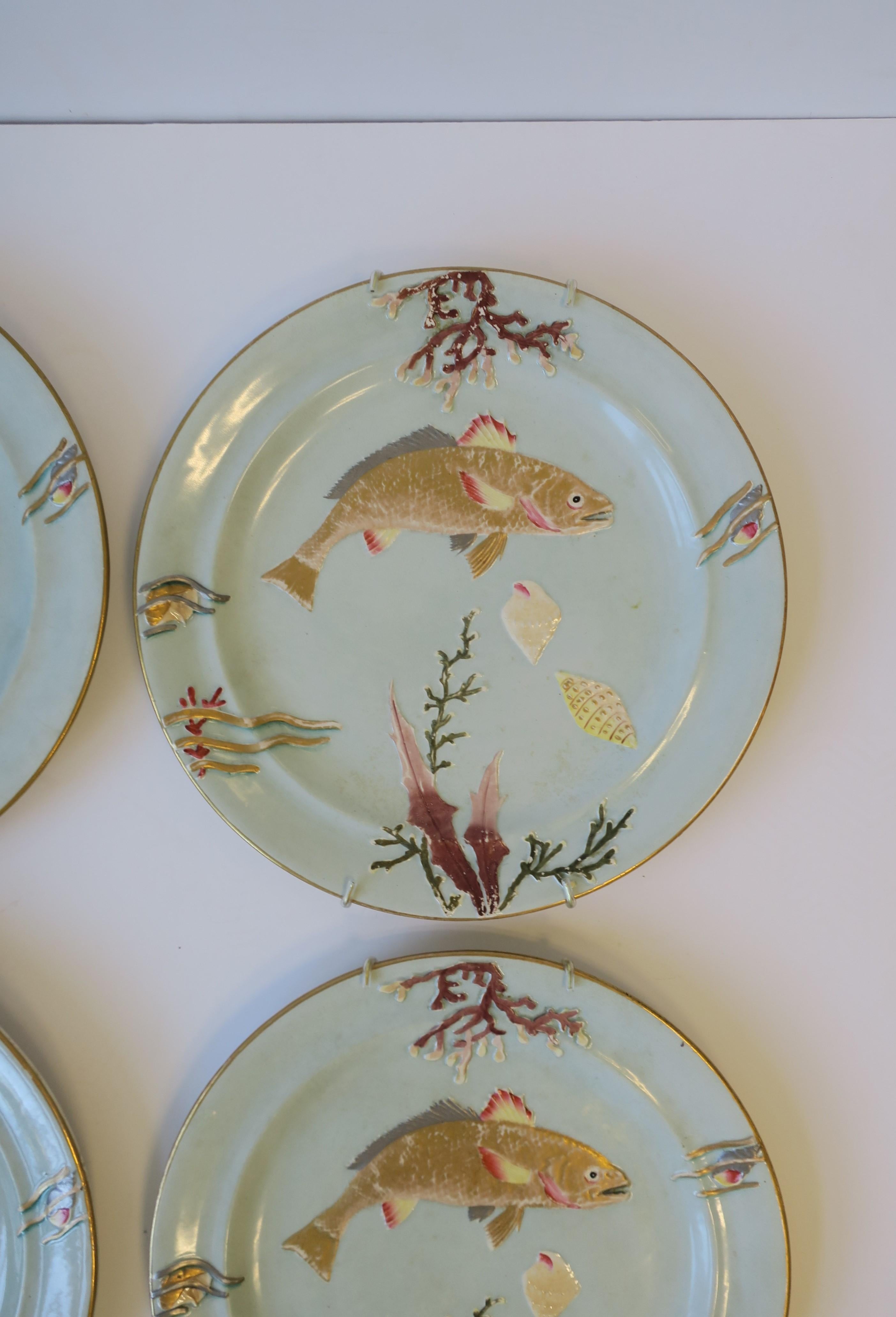 Antique Dinner Plates with Gold Fish and Coral Sea Shell Raised Relief Design 2