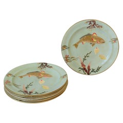 Antique Dinner Plates with Gold Fish and Coral Sea Shell Raised Relief Design