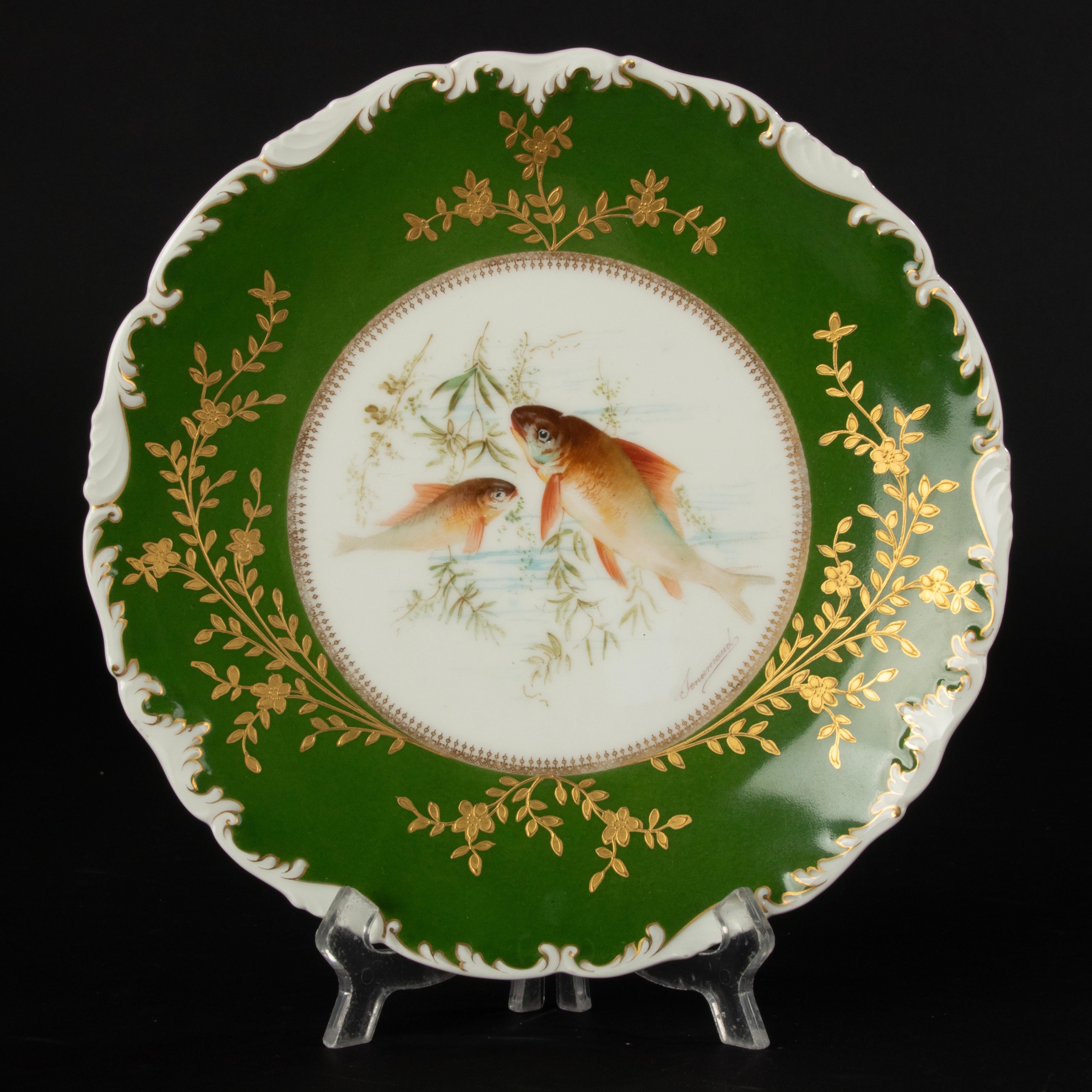 Lot de 6 assiettes plates anciennes en porcelaine de Limoges - peintes à la main en vente 9