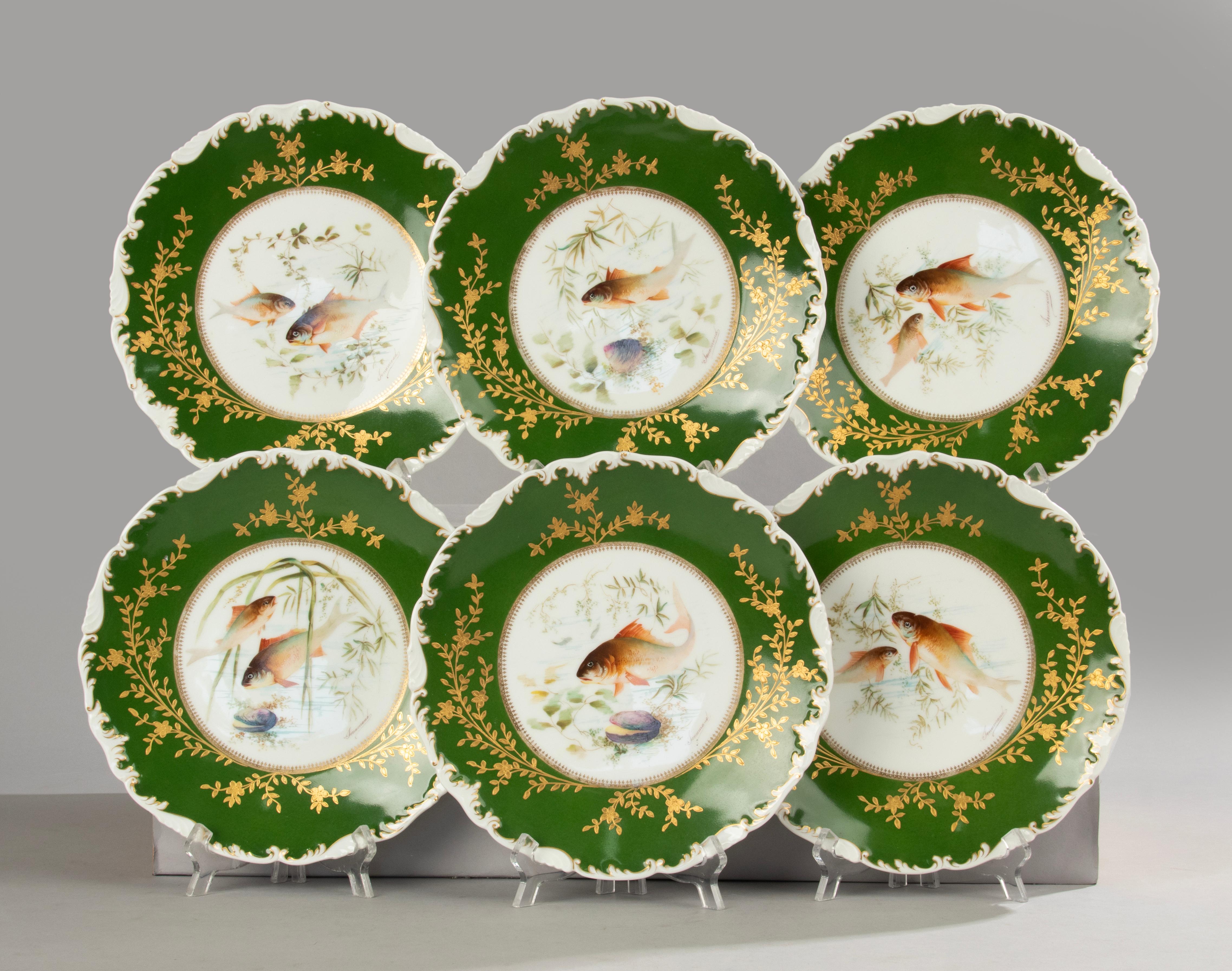 Belle Époque Set of 6 Antique Porcelain Dinner Plates - Limoges - Hand Painted For Sale