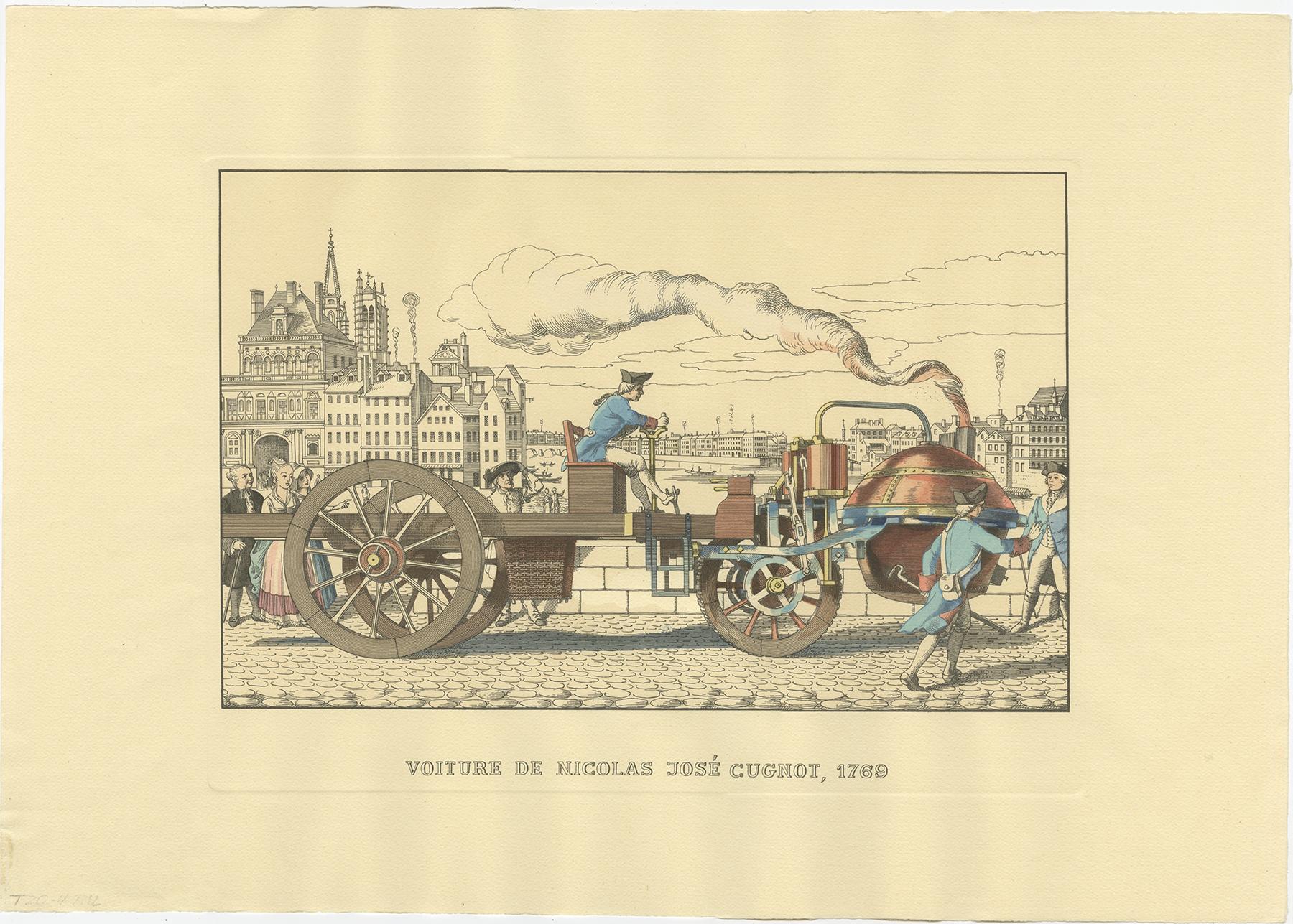 Set of six prints illustrating various inventions including:

1) Triumphal Carriage by Hans Hautsch
2) Car of G. Gurney
3) Wind Chariot by Simon Stevin
4) The vehicle of Nicolas José Cugnot
5) The invention of W. Murdock
6) The Siegfried