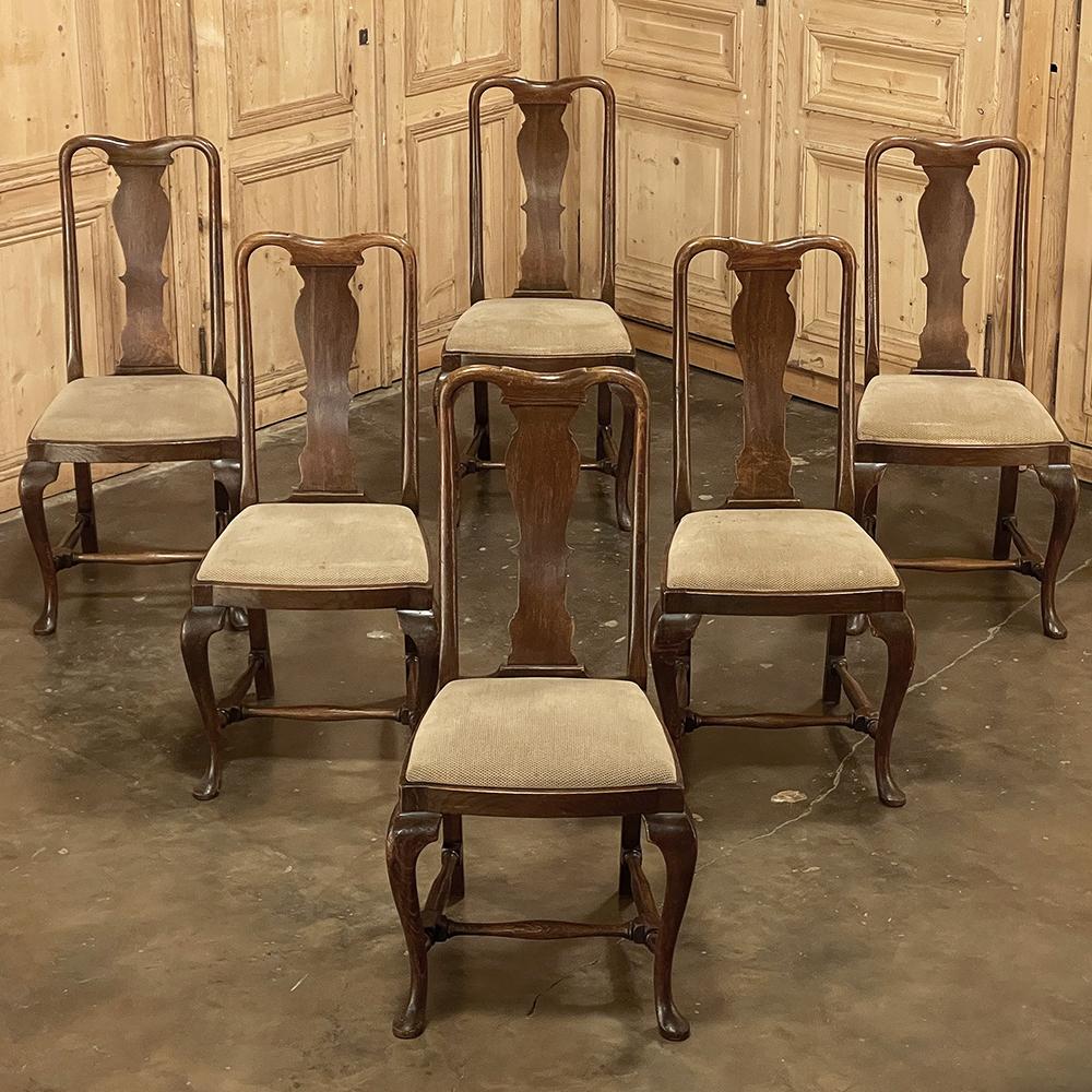 Set of 6 antique Queen Anne Chestnut dining chairs are ideal for adding understated elegance for either formal or more casual dining settings. The ergonomically curved seatbacks with solid splats are sturdily made, and connect to a generously sized