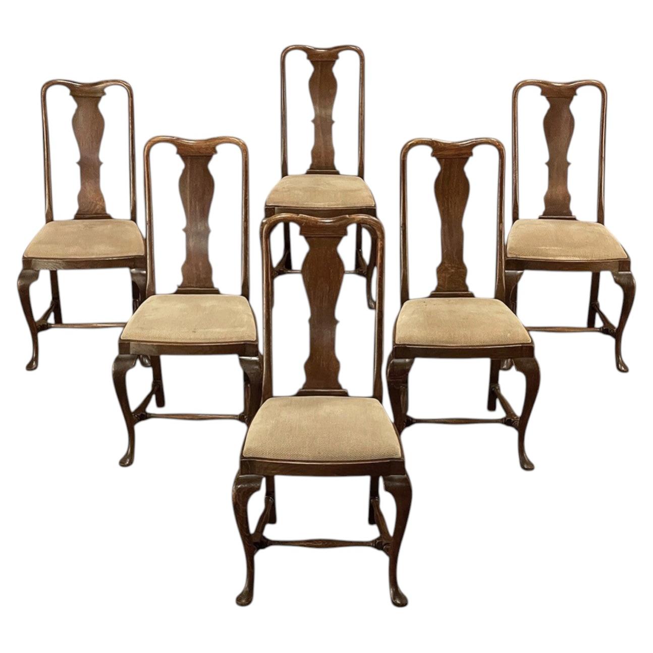 Ensemble de 6 chaises de salle à manger anciennes en châtaignier Queen Anne en vente