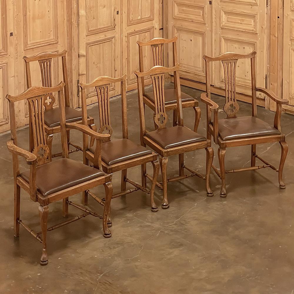Set of 6 Antique Queen Anne dining chairs includes 2 armchairs are the perfect blend between casual and formal, with elegant styling inspired by the Queen Anne period created from natural-finished indigenous oak. The gracefully arched seatbacks