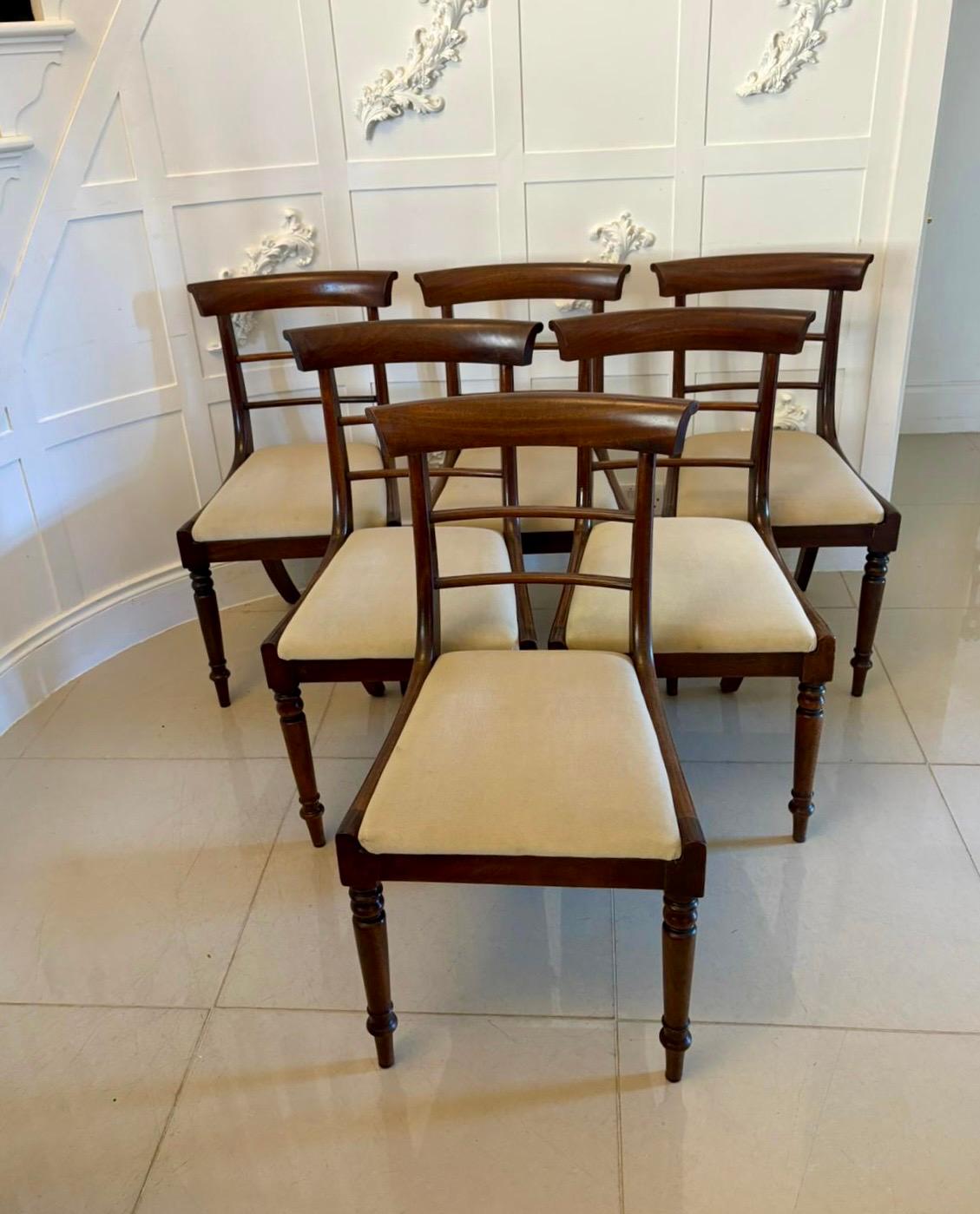 Ensemble de 6 chaises de salle à manger en acajou de qualité régence, avec une traverse supérieure en acajou, deux cannelures en acajou au centre, des sièges rembourrés reposant sur d'élégants pieds tournés effilés à l'avant et des pieds arrière