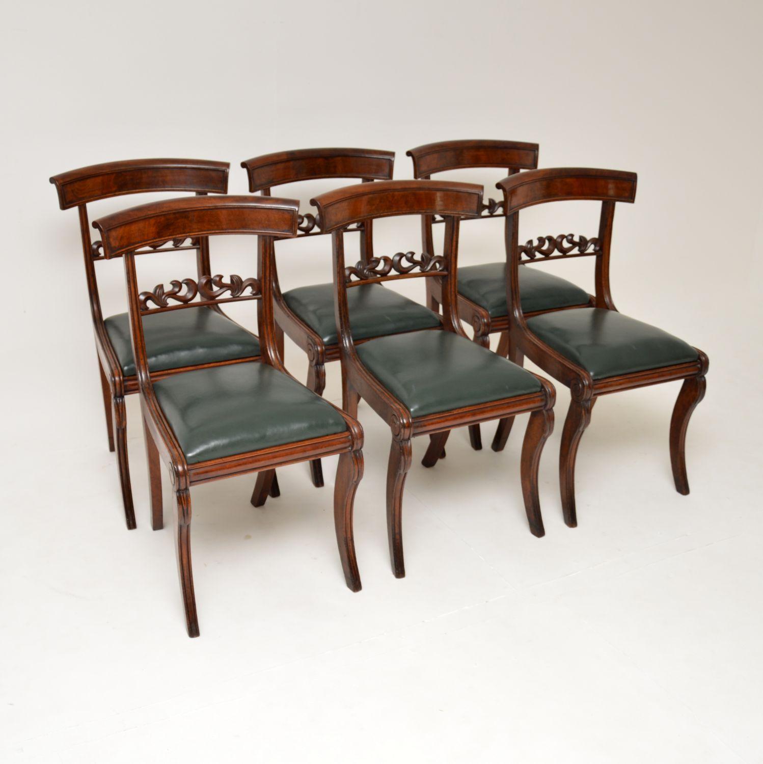 A superb set of original antique Regency period dining chairs. They were made in England, and date from around the 1820-1840’s.

The quality is fantastic, they have lovely curved upper backrests and beautiful carving just below. They sit on elegant