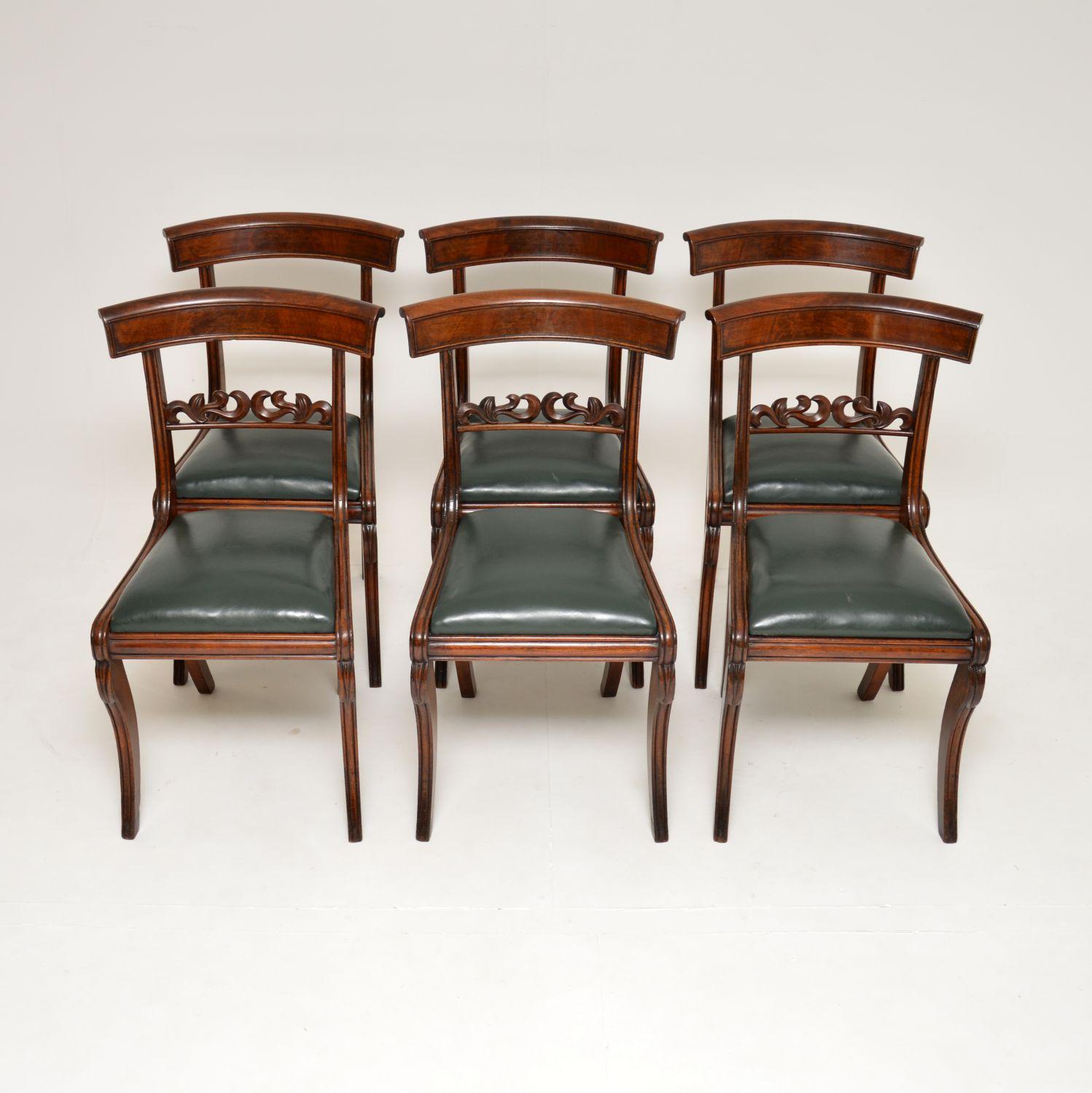 English Set of 6 Antique Regency Wood & Leather Dining Chairs