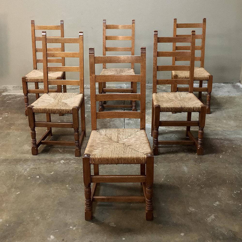 20th Century Set of 6 Antique Rustic Country French Dining Chairs