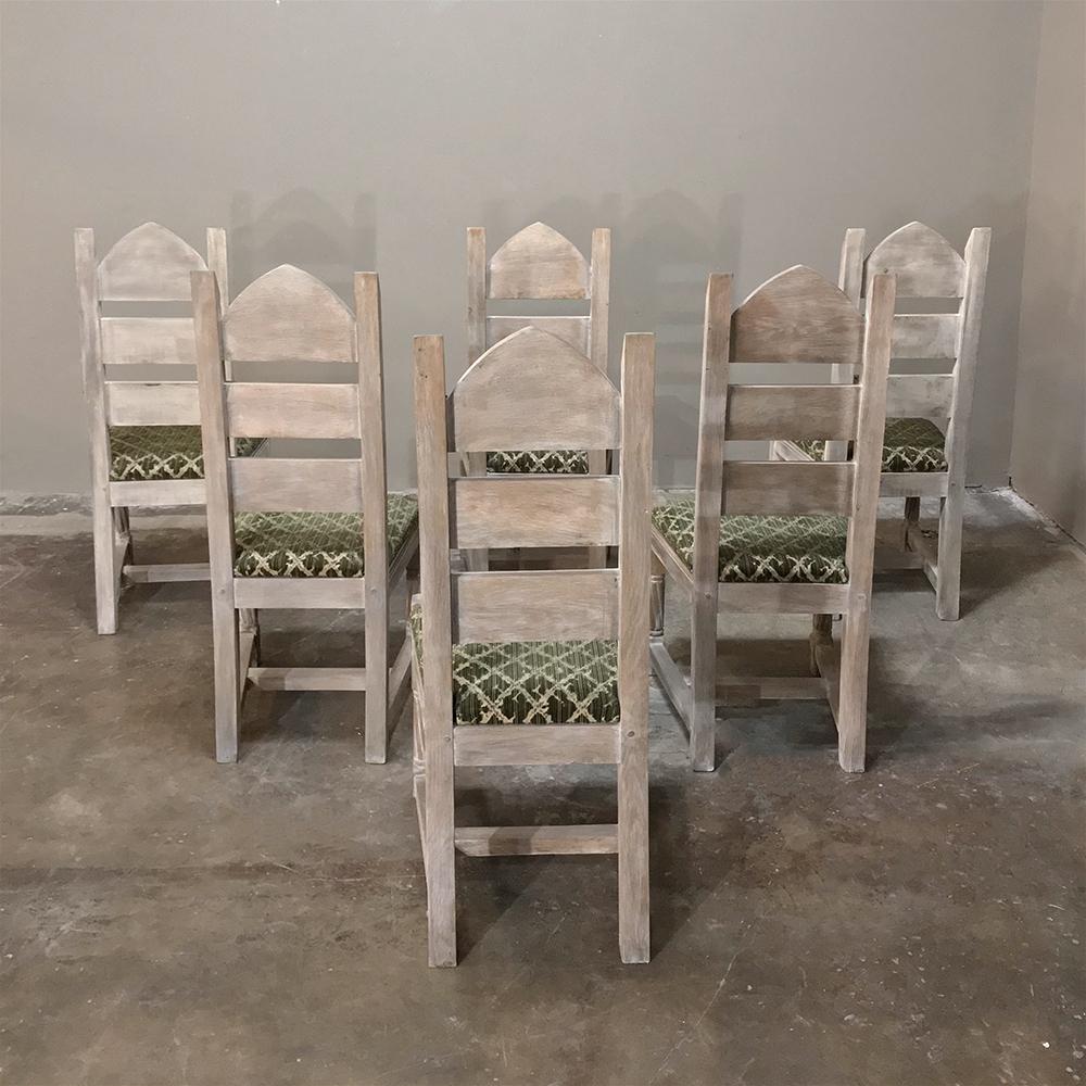Set of 6 Antique Rustic French Gothic Whitewashed Dining Chairs For Sale 5