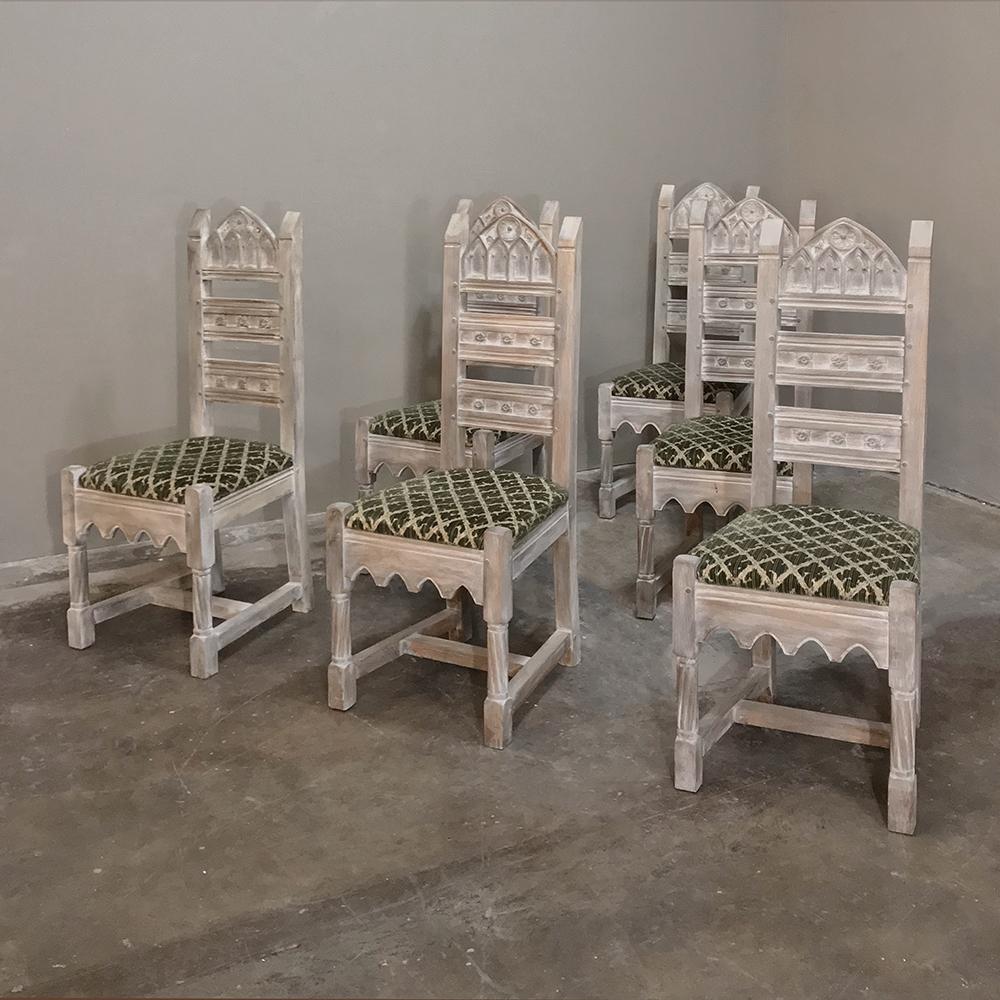 Hand-Crafted Set of 6 Antique Rustic French Gothic Whitewashed Dining Chairs For Sale