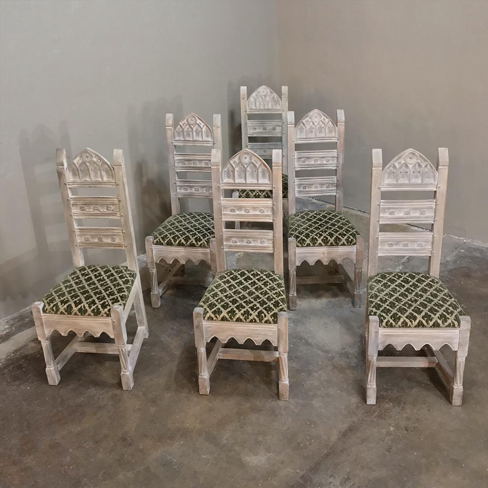 Set of 6 Antique Rustic French Gothic Whitewashed Dining Chairs In Good Condition For Sale In Dallas, TX