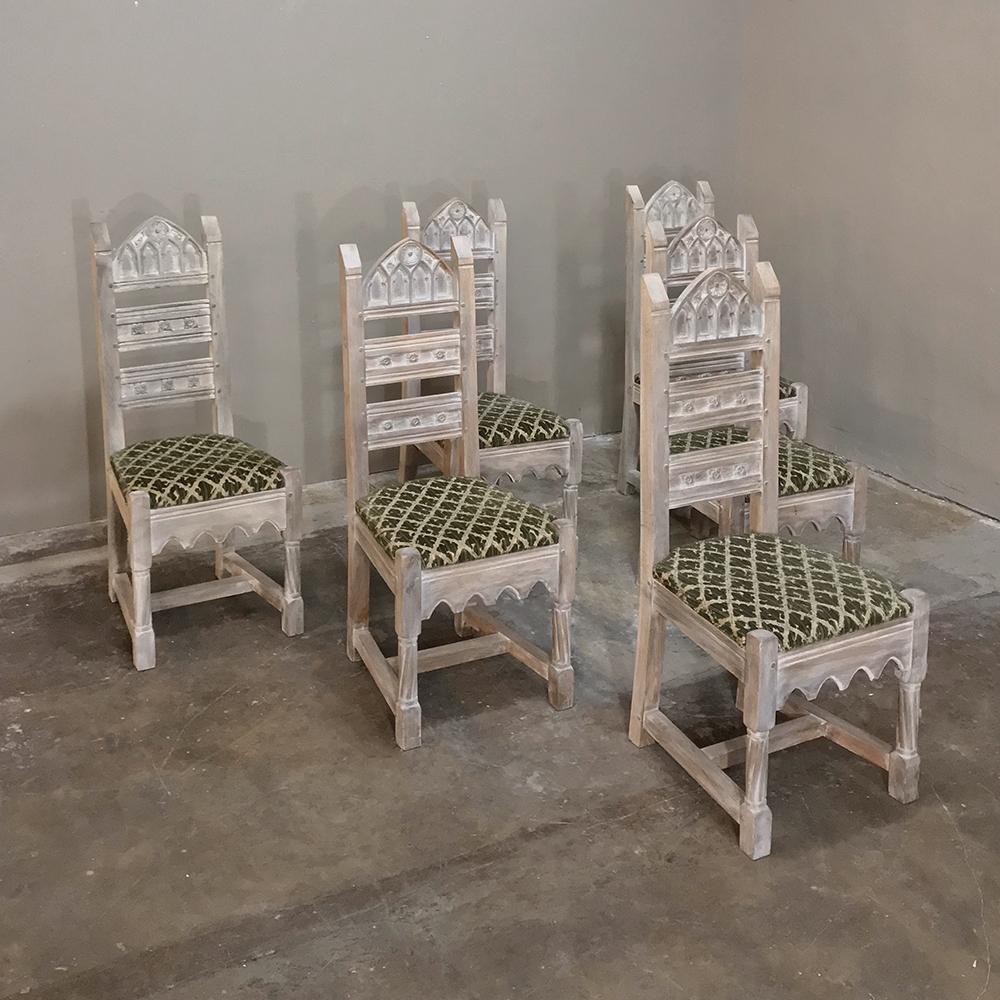 20th Century Set of 6 Antique Rustic French Gothic Whitewashed Dining Chairs For Sale