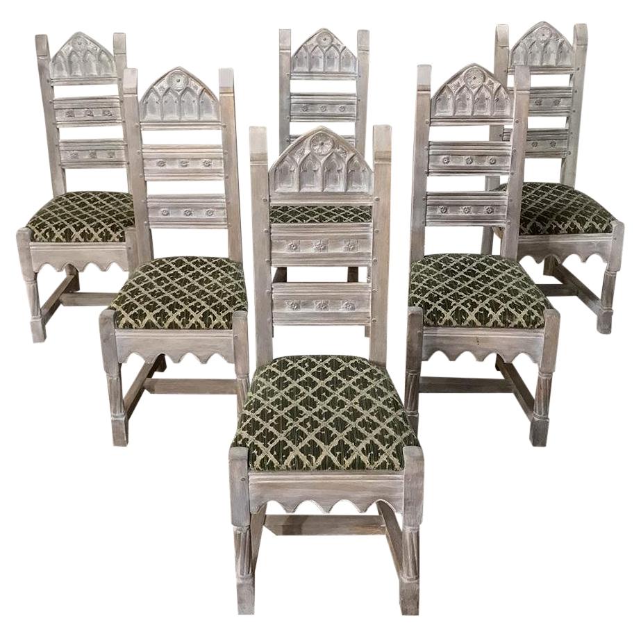Set of 6 Antique Rustic French Gothic Whitewashed Dining Chairs