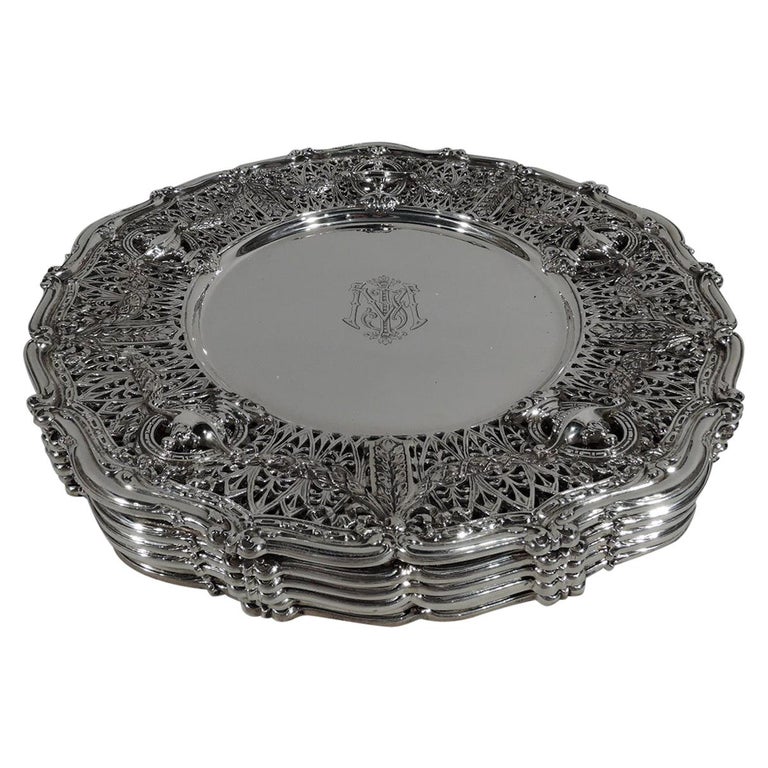 Set of 6 Antique Shreve Adam Sterling Silver Service Dinner Plates For