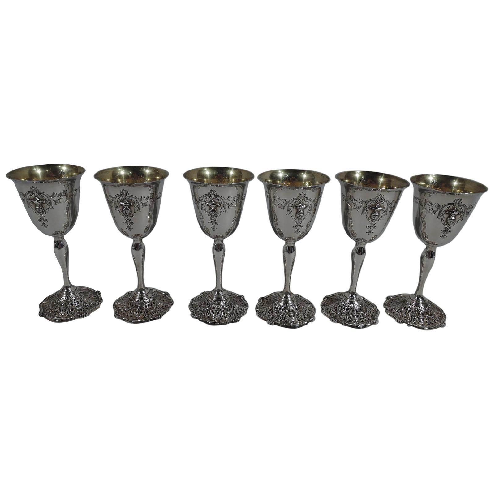 Set of 6 Antique Shreve Sterling Silver Goblets in Adam Pattern