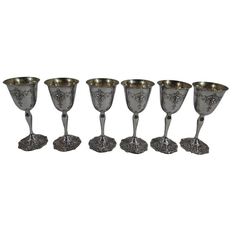 Set of 6 Antique Shreve Sterling Silver Goblets in Adam Pattern For