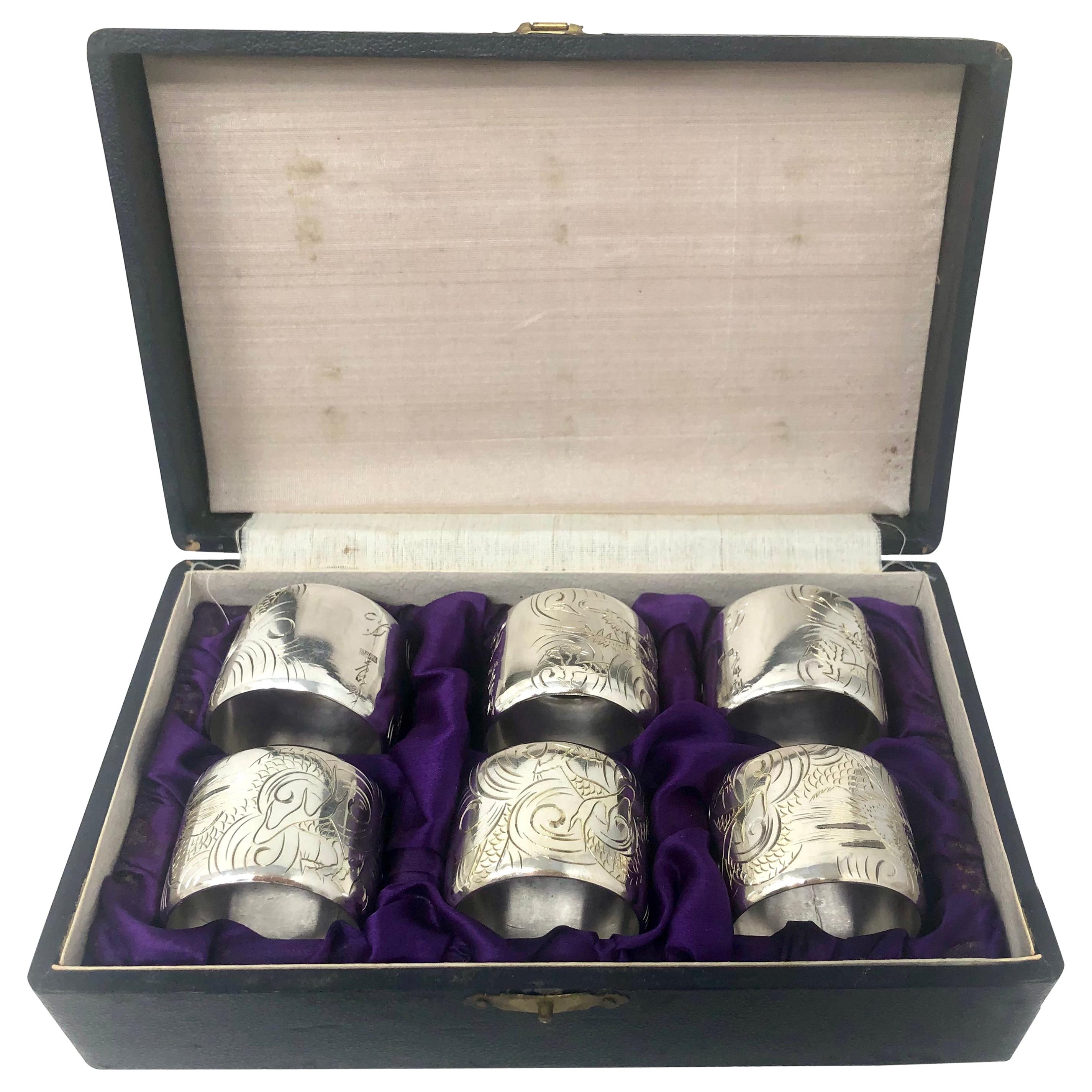 Set of 6 Antique Sterling Silver Napkin Rings in Original Box, Circa 1910
