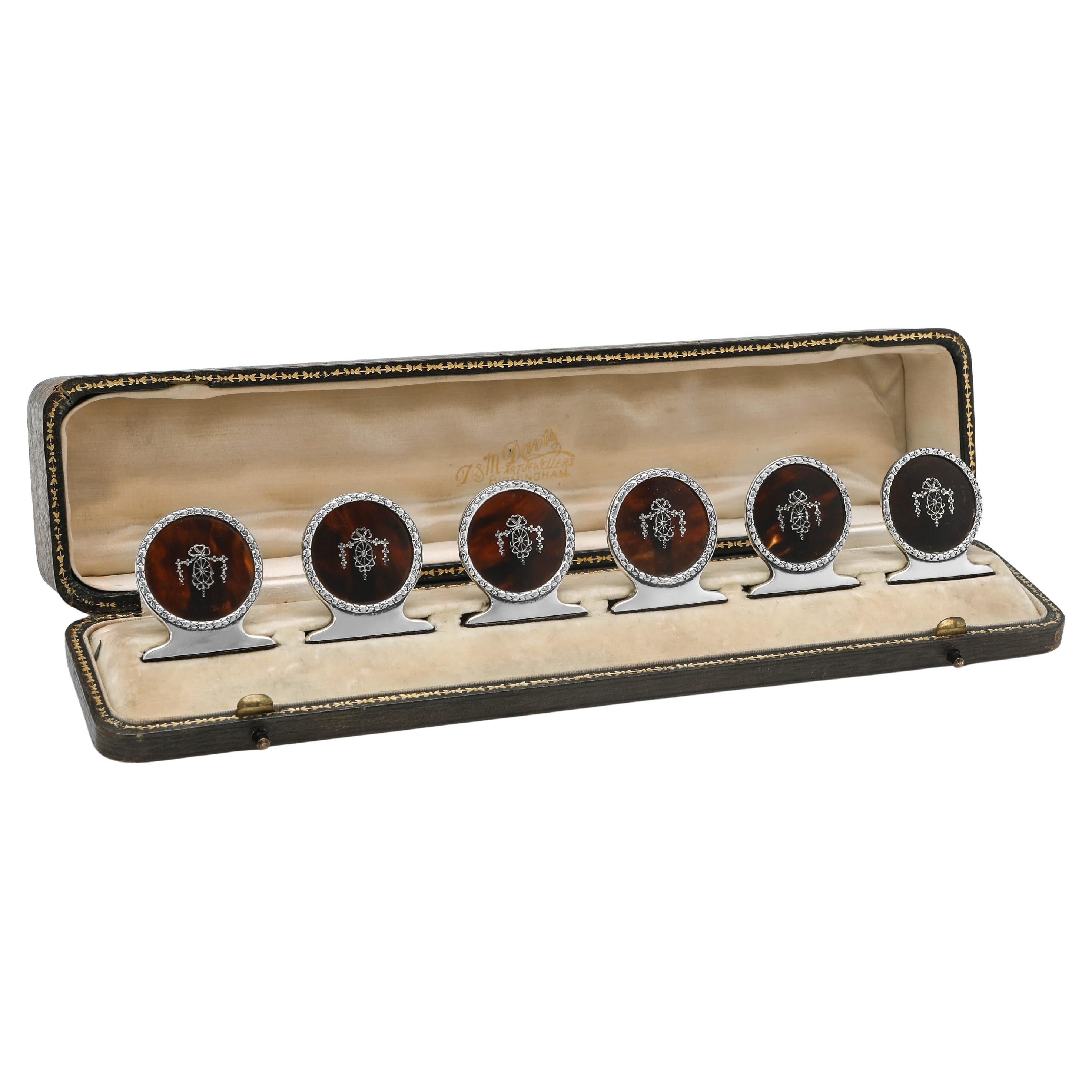 Set di 6 antichi portamenù in argento e tartaruga realizzati nel 1911 in vendita