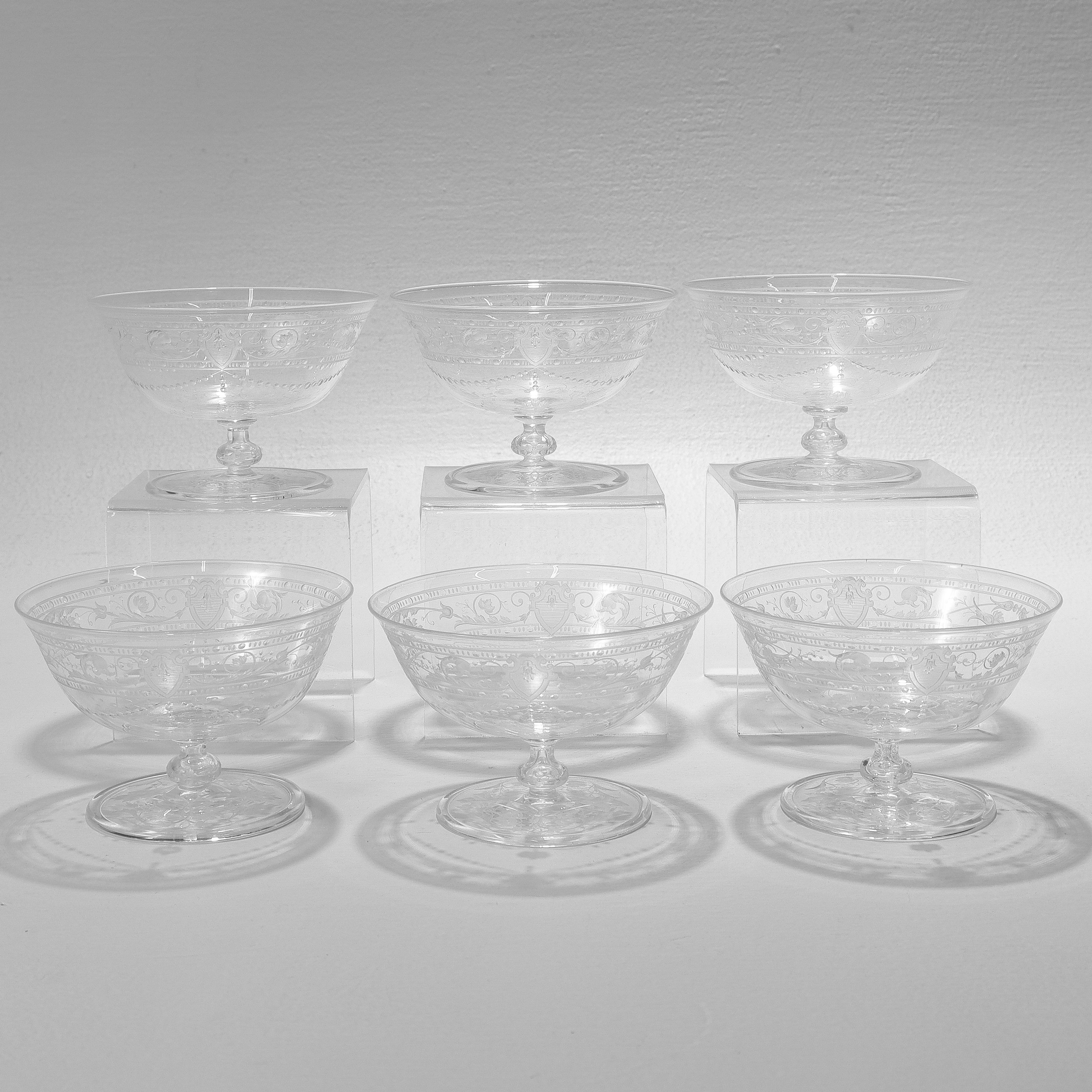 Edwardian Set of 6 Antique Stourbridge Etched & Engraved Glass Sherbert Bowls For Sale