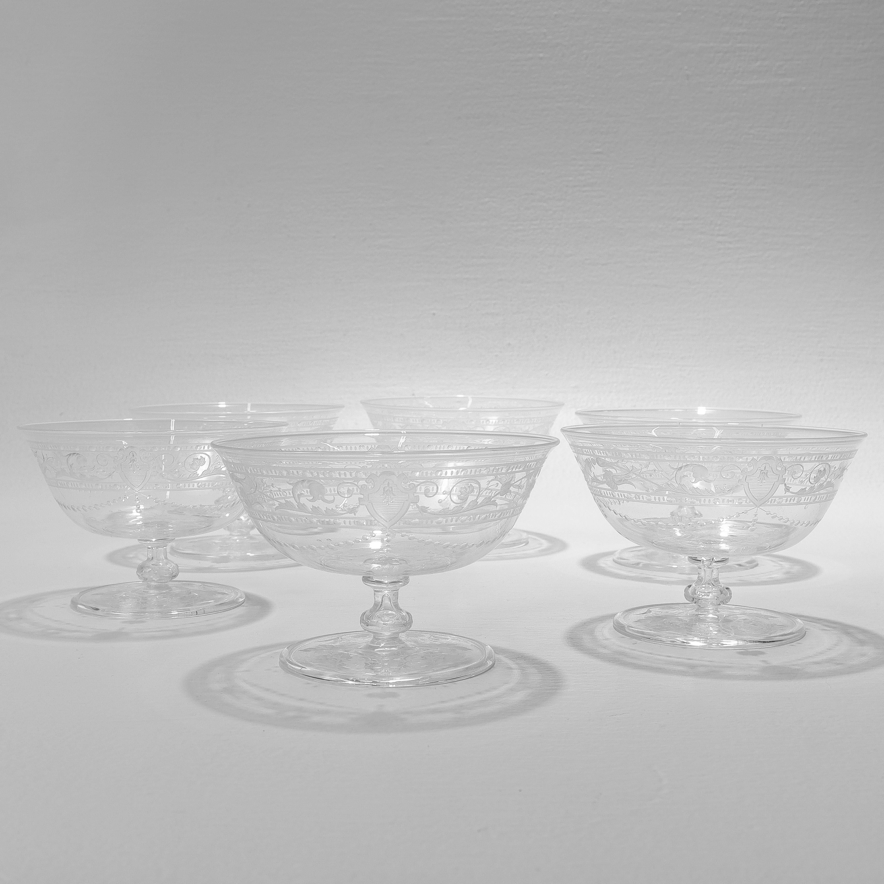 20th Century Set of 6 Antique Stourbridge Etched & Engraved Glass Sherbert Bowls For Sale