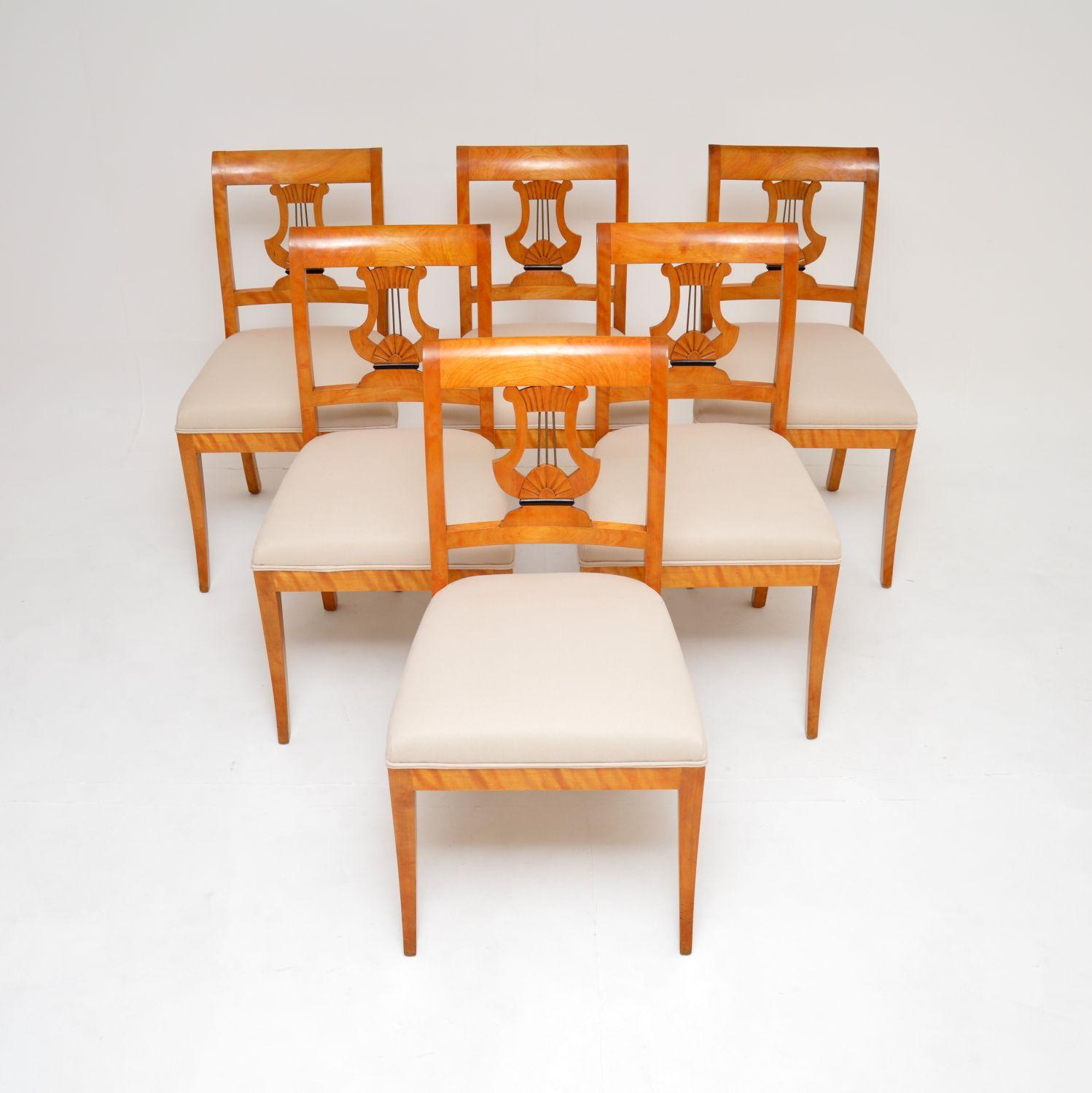 A stunning set of six antique Swedish Biedermeier Style dining chairs in satin birch. They were recently imported from Sweden, they date from around the 1890-1910 period.

The quality is superb, they are very sturdy and comfortable too. The satin