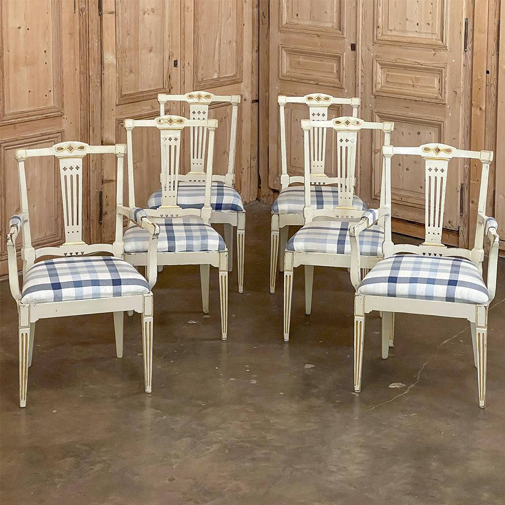Hand-Crafted Set of 6 Antique Swedish Gustavian Painted Dining Chairs Includes 2 Armchairs For Sale