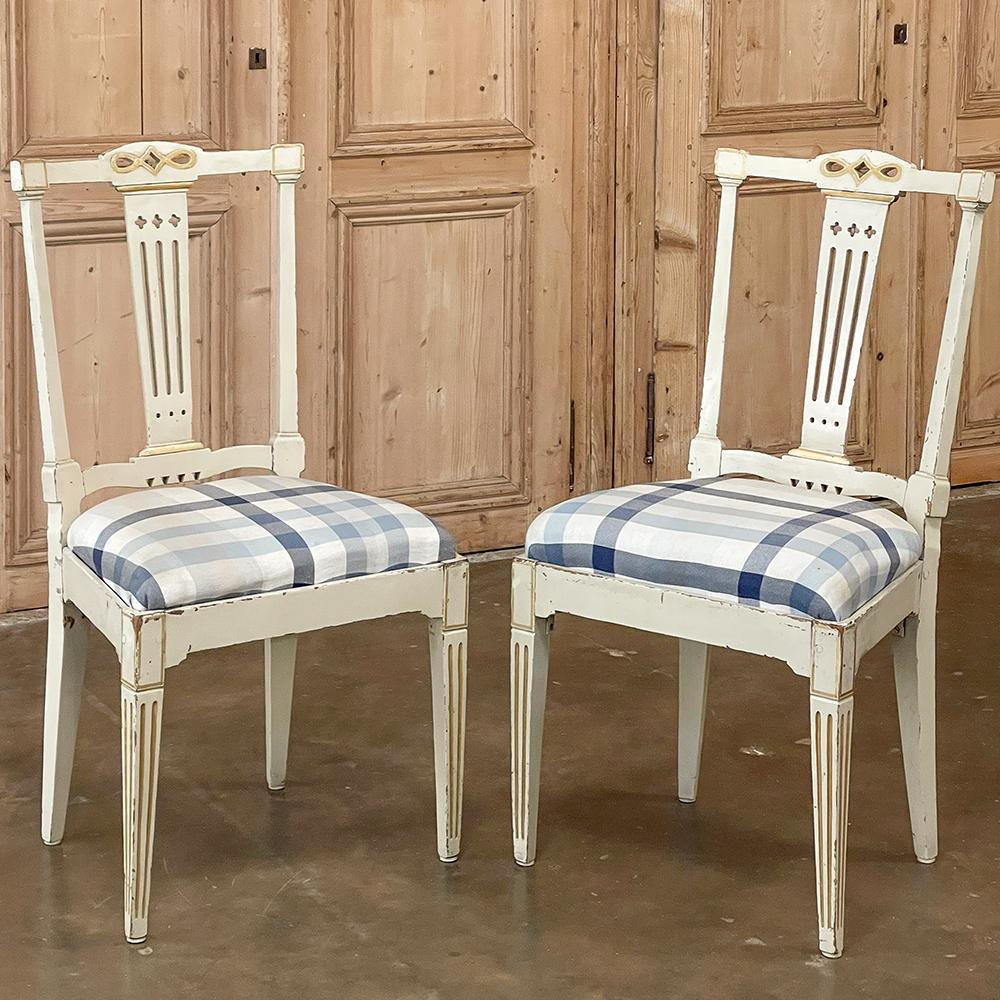 Oak Set of 6 Antique Swedish Gustavian Painted Dining Chairs Includes 2 Armchairs For Sale