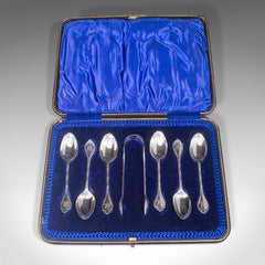 Set of 6, Antique Tea Spoons, English, Silver, Hallmark, London, Victorian, 1900