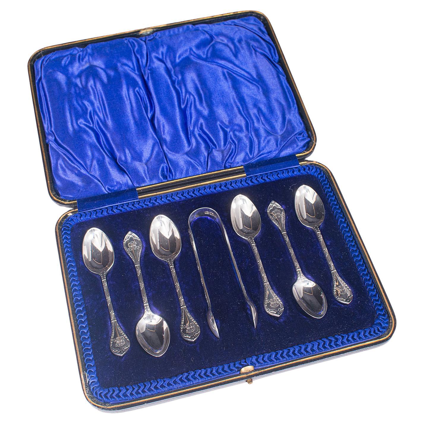 Set of 6, Antique Tea Spoons, English, Silver, Hallmark, London, Victorian, 1900 For Sale