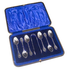 Set of 6, Antique Tea Spoons, English, Silver, Hallmark, London, Victorian, 1900
