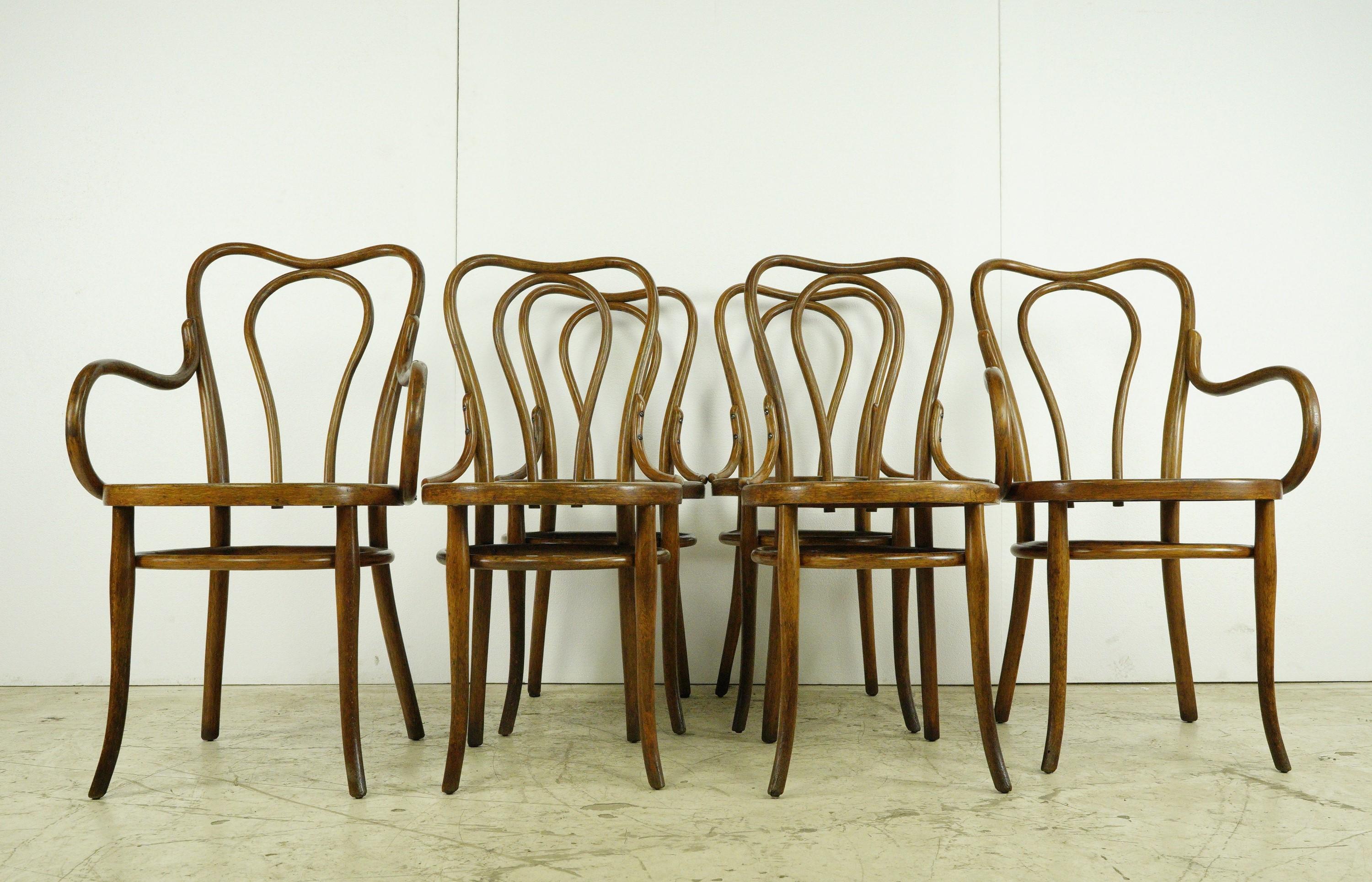 Austrian Set of 6 Antique Thonet Bent Wood Bistro Chairs w Pattern For Sale