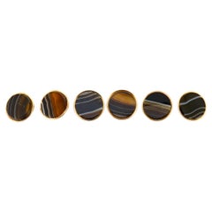 Set of 6 Antique Victorian Banded Agate Cabochon & Gold Plated Buttons