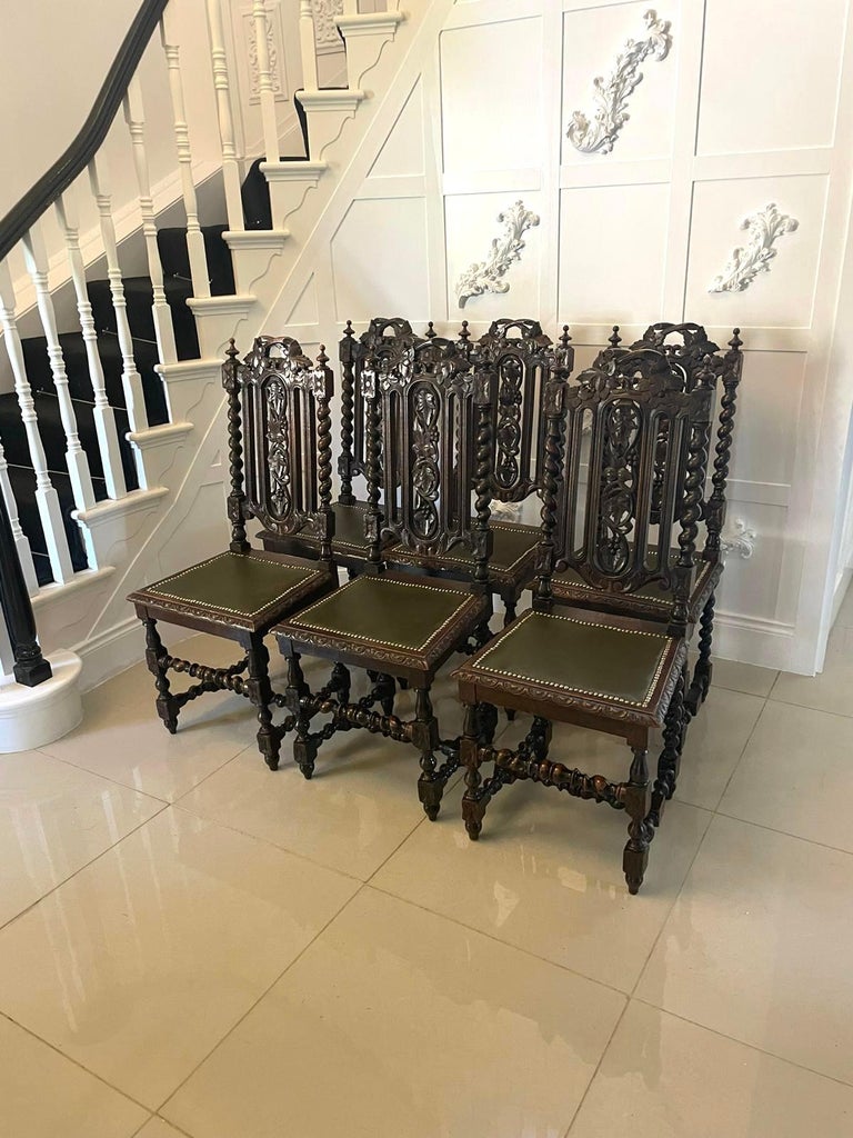 Set of 6 Antique Victorian Quality Carved Oak Chairs For Sale at 1stDibs