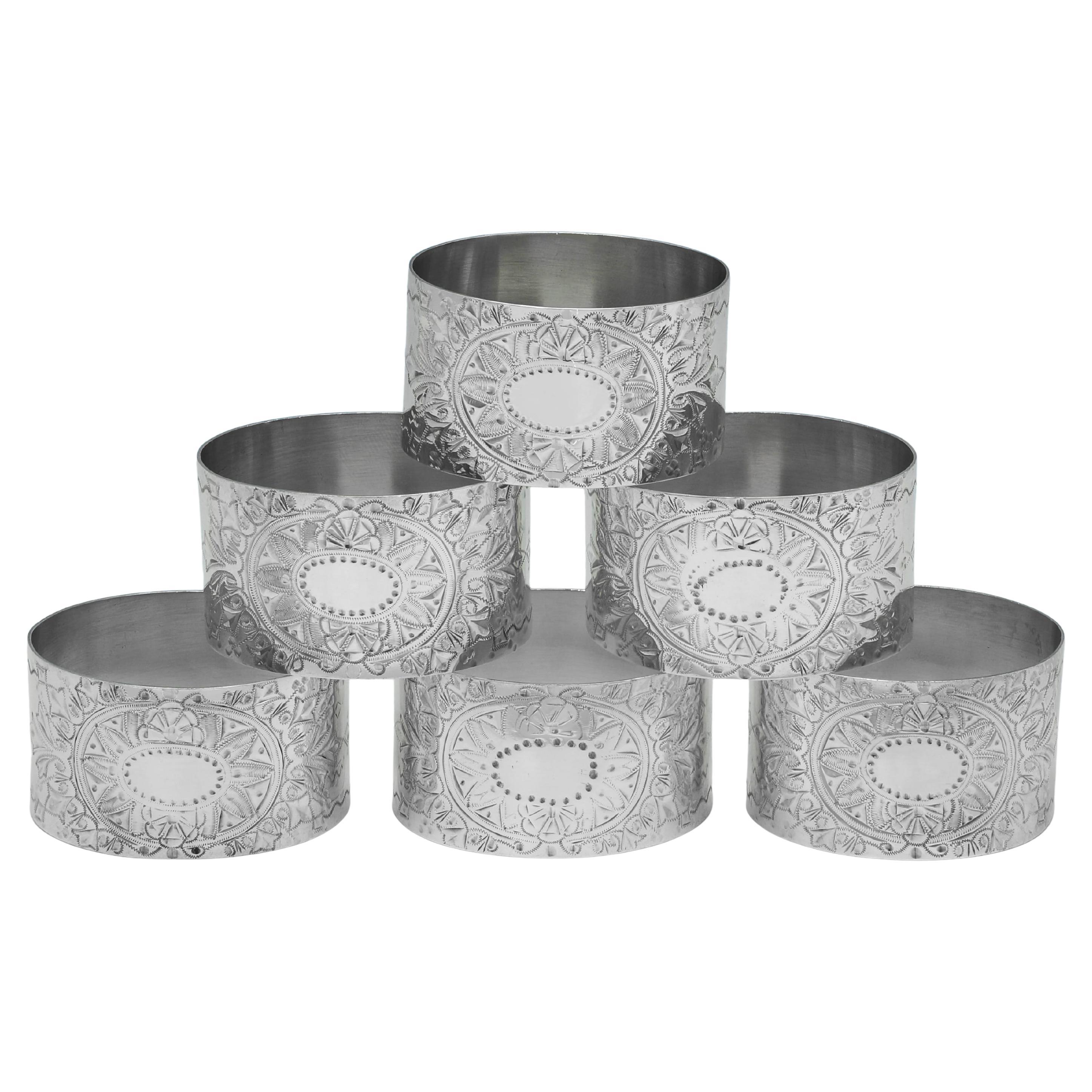 Juego de 6 servilleteros antiguos victorianos de plata de ley fabricados en Londres en 1896
