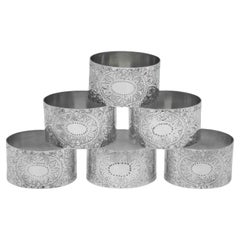 Juego de 6 servilleteros antiguos victorianos de plata de ley fabricados en Londres en 1896