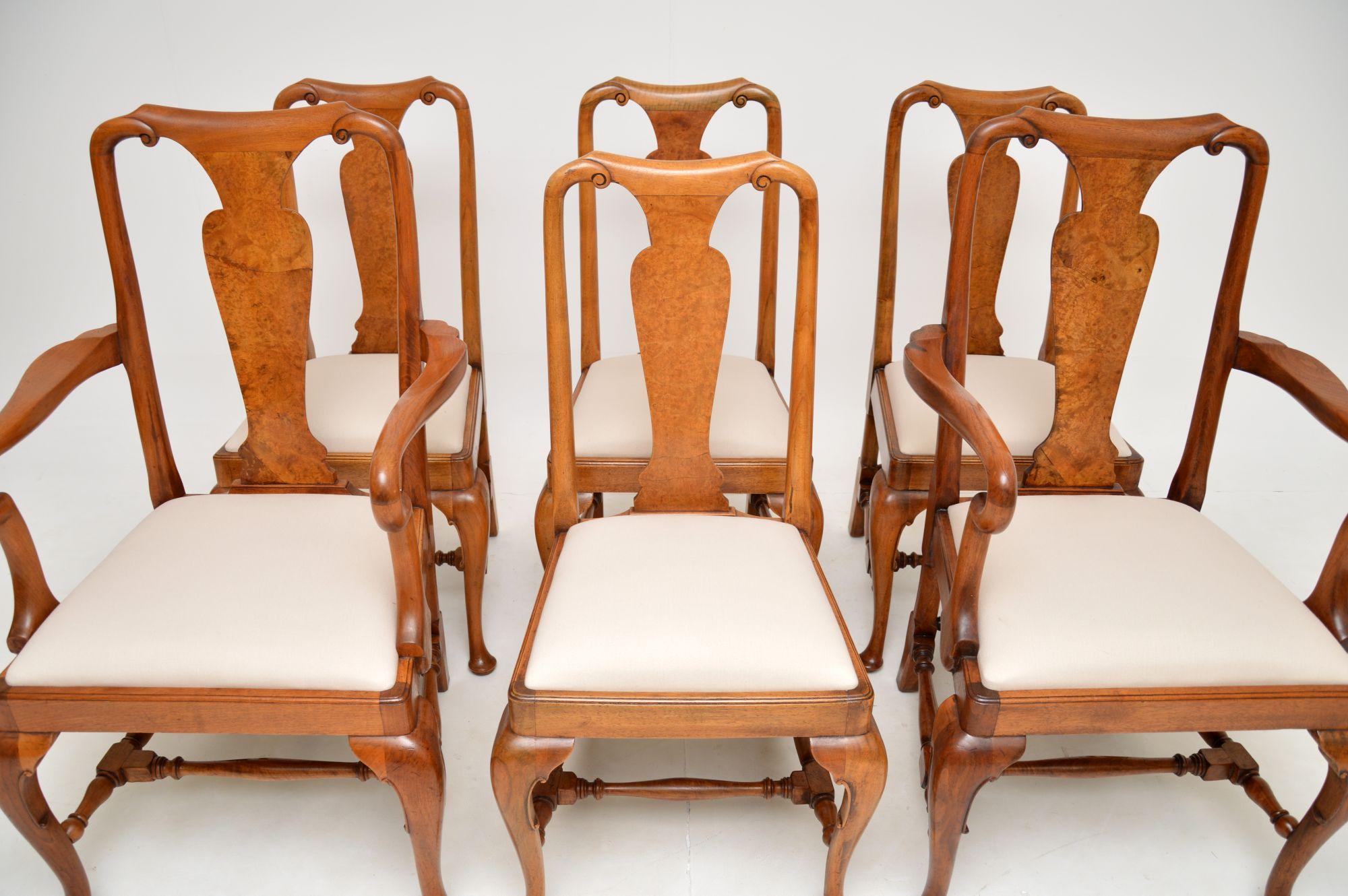 A fantastic set of six antique walnut dining chairs in the Queen Anne style. They were made in England, and they date from around the 1900-1910 period.

The quality is outstanding, they are extremely well made and beautifully designed. They have