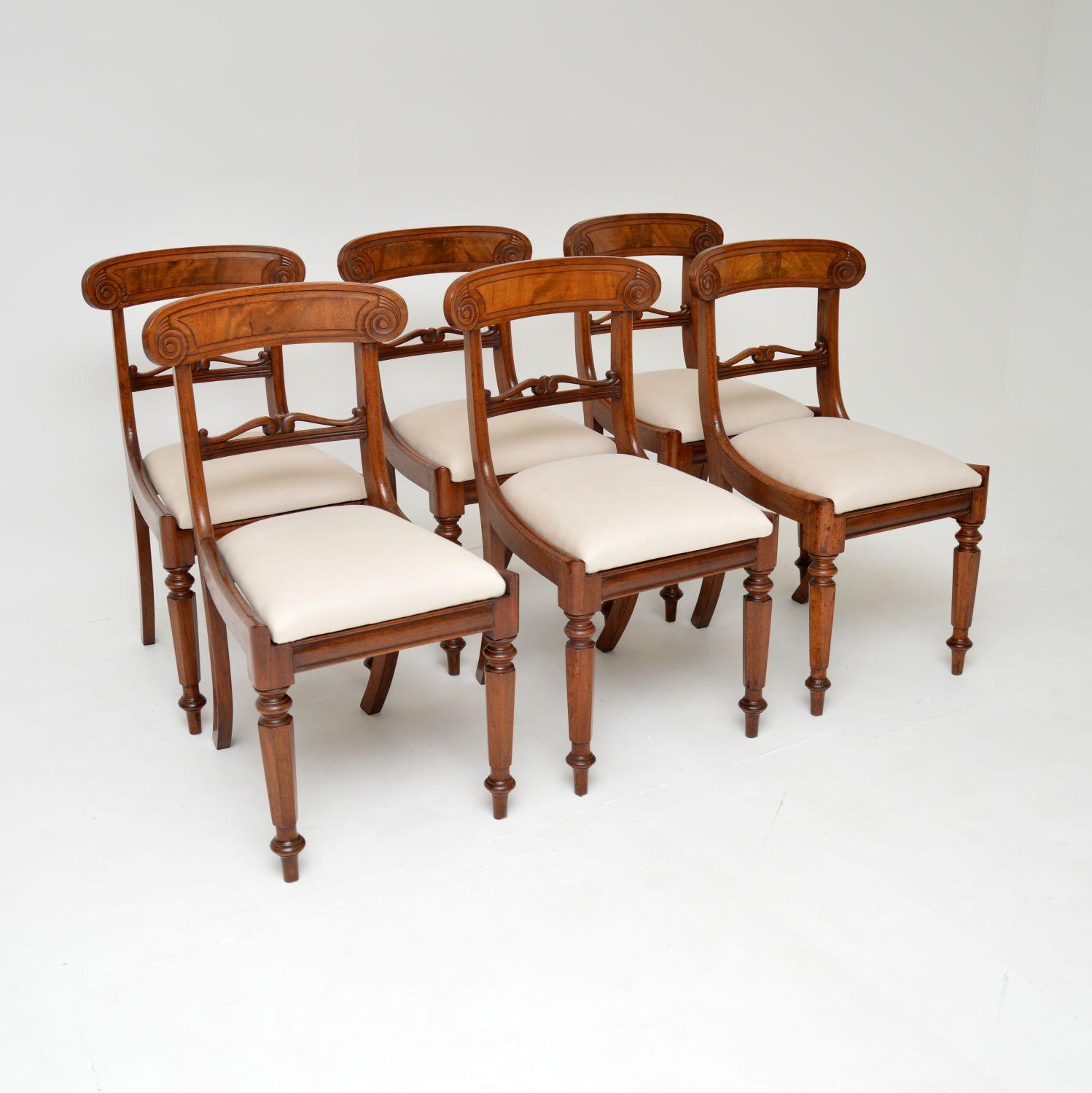 A fantastic set of original William IV period dining chairs. They were made in England, and date from the 1830-1840’s.

The quality is outstanding, they are a beautiful designed example of chairs from the period. The Trafalgar backs have lovely