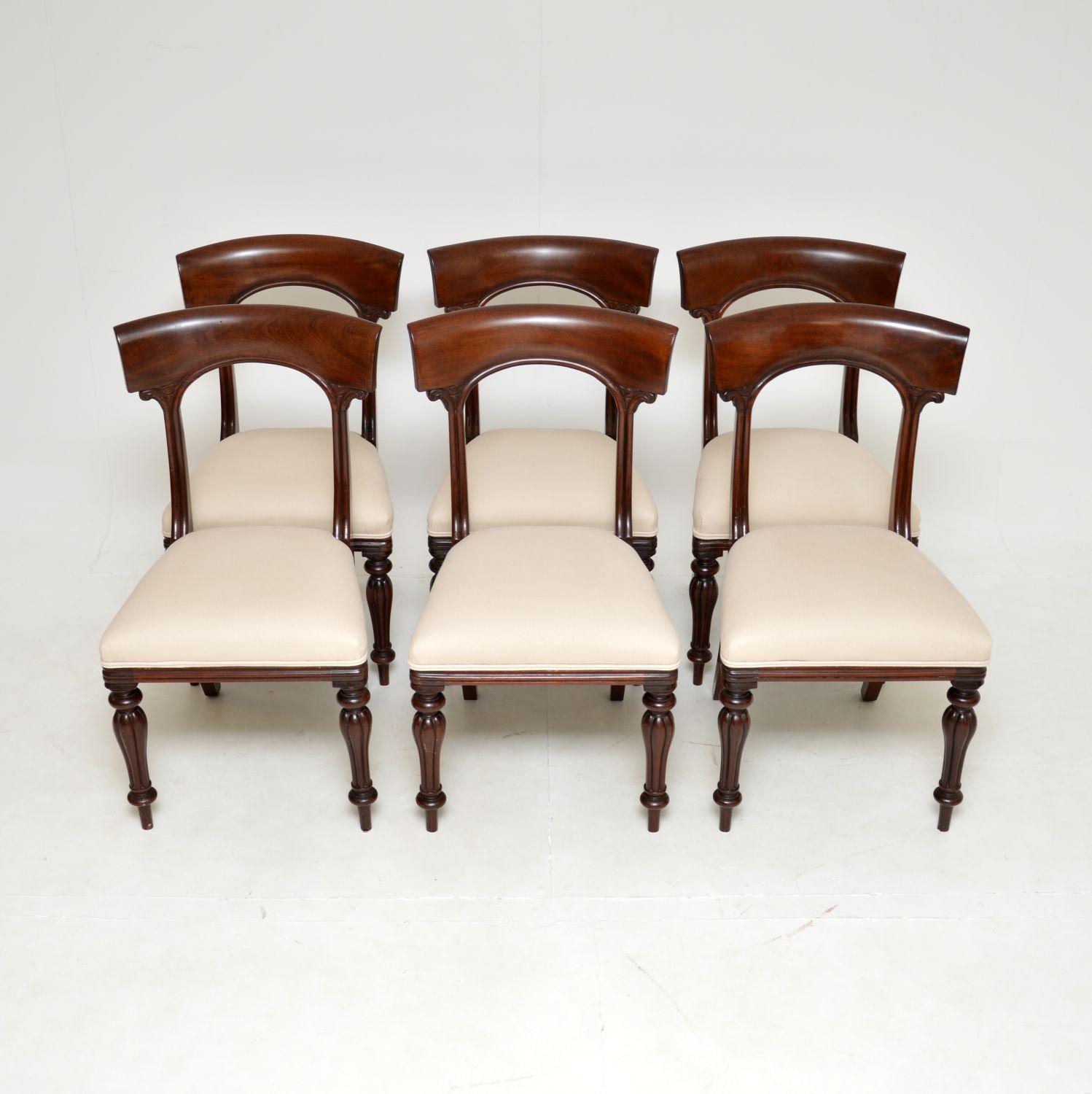 A superb set of original antique William IV period dining chairs. They were made in England, and date from around the 1830-1840’s.

The quality is fantastic, they have a beautiful design and are sturdy, comfortable and supportive. The arched backs