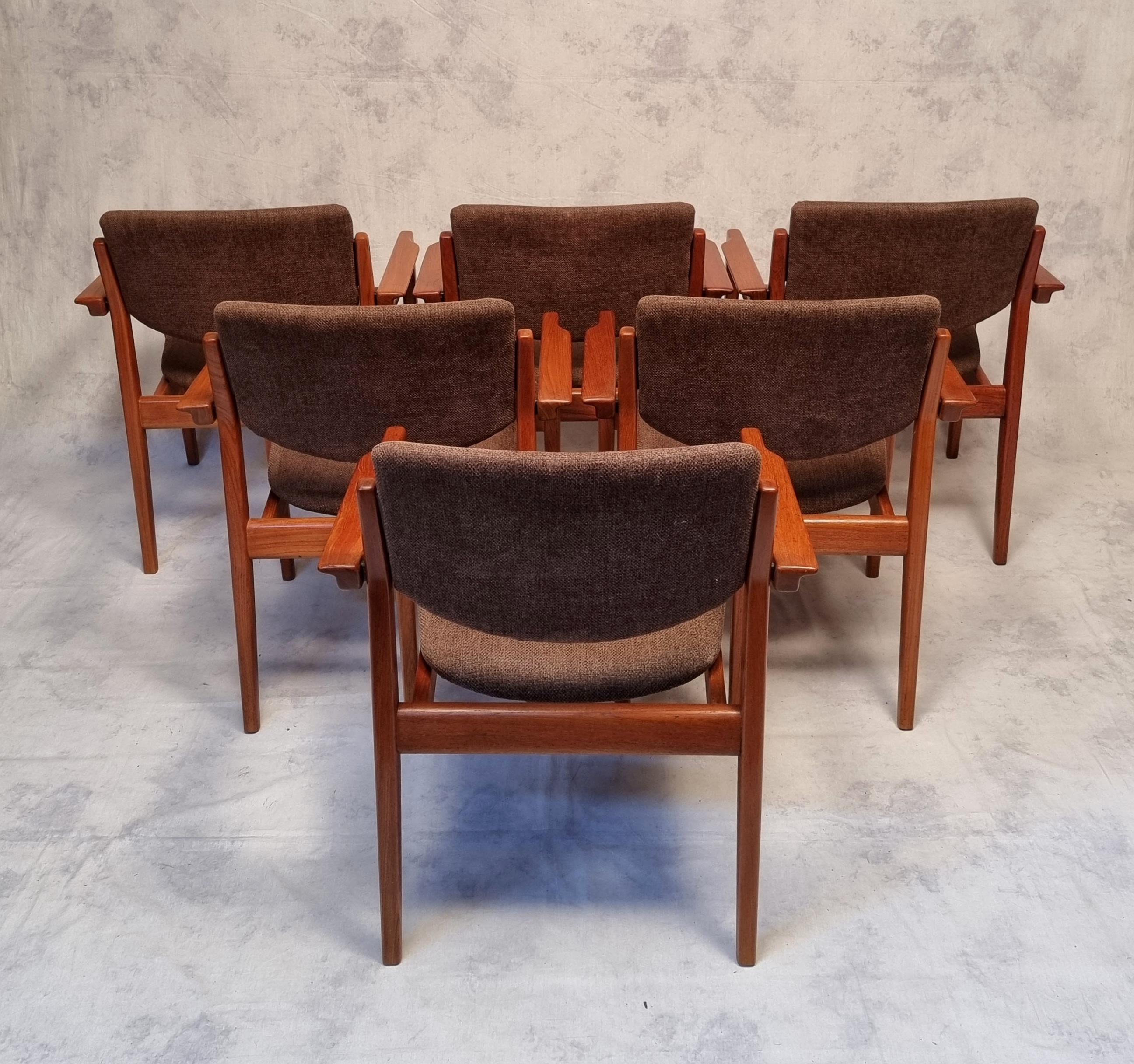 Mid-20th Century Set of 6 Armchairs Model 196, Finn Juhl For France & Son, Teak, Ca 1960