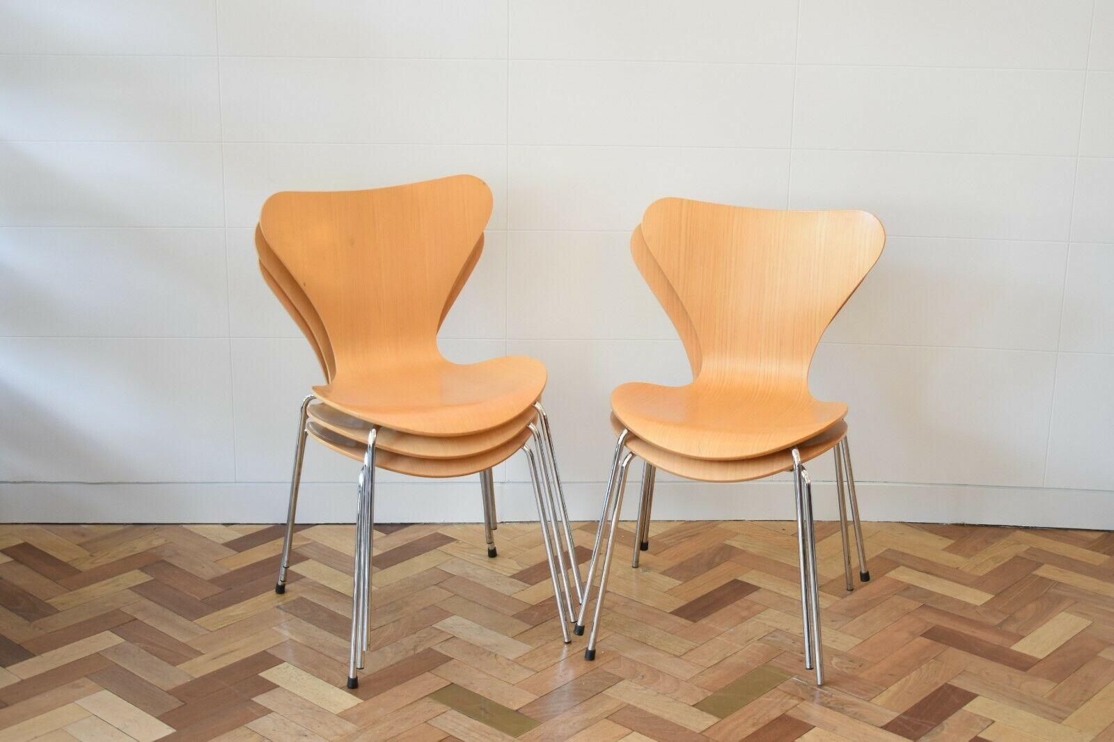 Originally designed by Arne Jacobsen in 1955, the Series 7 chair is truly iconic has been made by Fritz Hansen ever since. Constructed from nine layers of pressure moulded beech wood veneer sitting on steel tubed legs, these 1990s chairs feature the