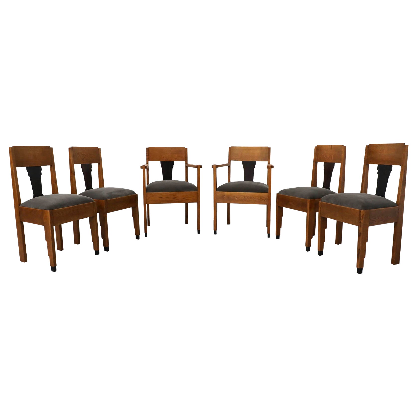Set of 6 Art Deco - "Amsterdam School" Oak Dining Chairs with Velvet Upholstery