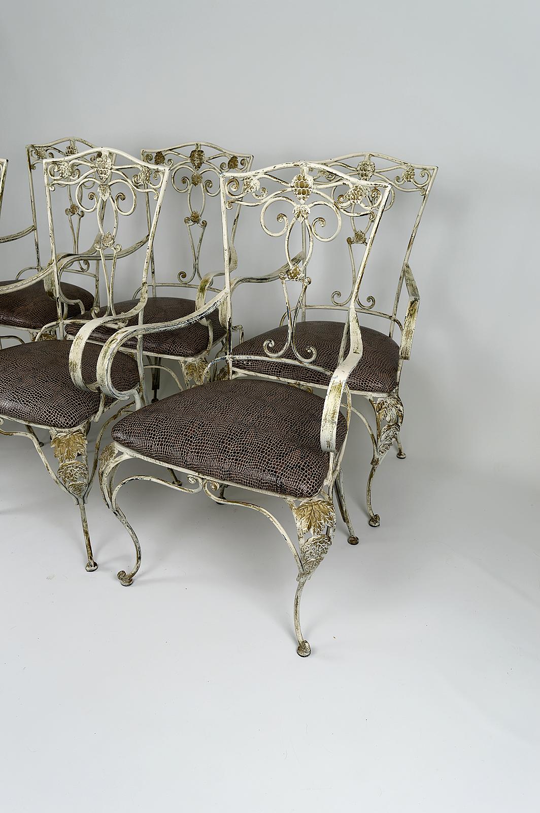 Gilt Set of 6 Art Deco Armchairs in Patinated Wrought Iron, France, circa 1950 For Sale